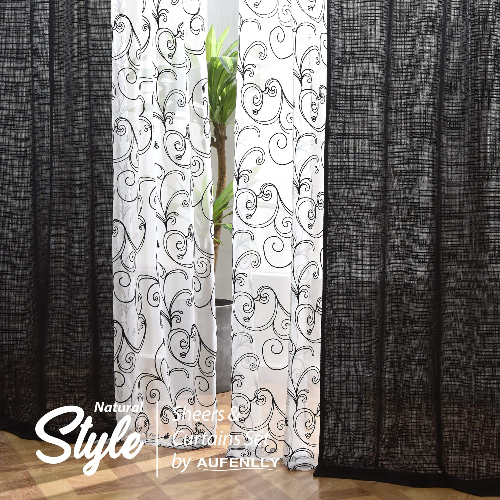 Amazon｜AUFENLLY 刺繍花柄セミシアーカーテン2枚と黄麻布カーテン2枚