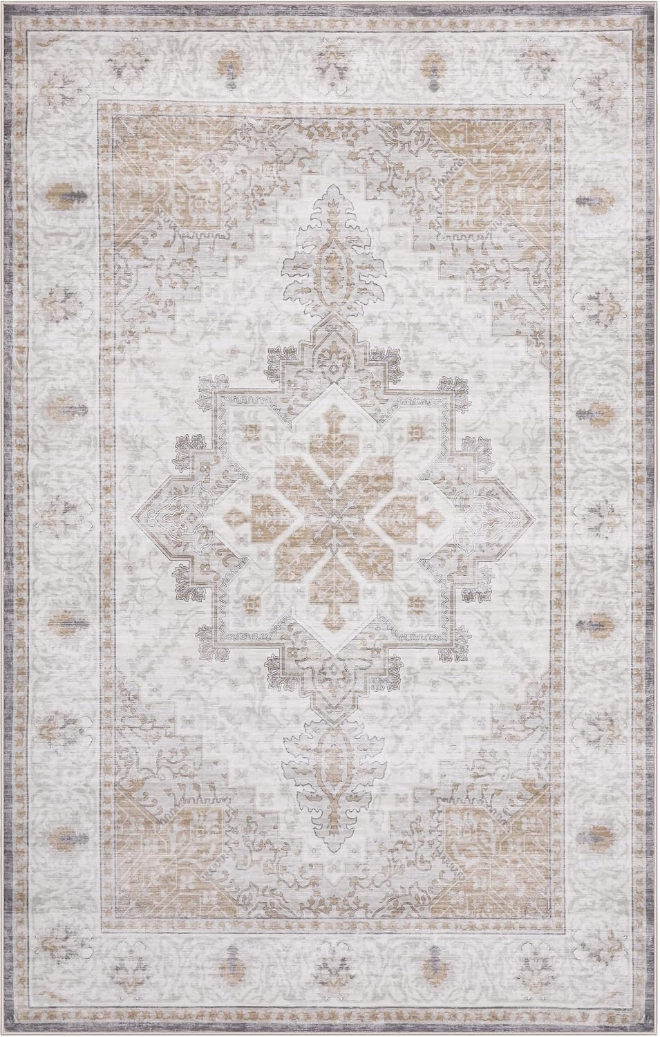 JONATHAN Y Ultra-Soft Machine-Washable Rug with Non-Skid Backing, Cream/Beige 5'x8' Eleanor Vintage Medallion Border, Non-Shedding, Velvet Luxury Feel for Living Room, Dining Room, Bedroom VOR100F-5