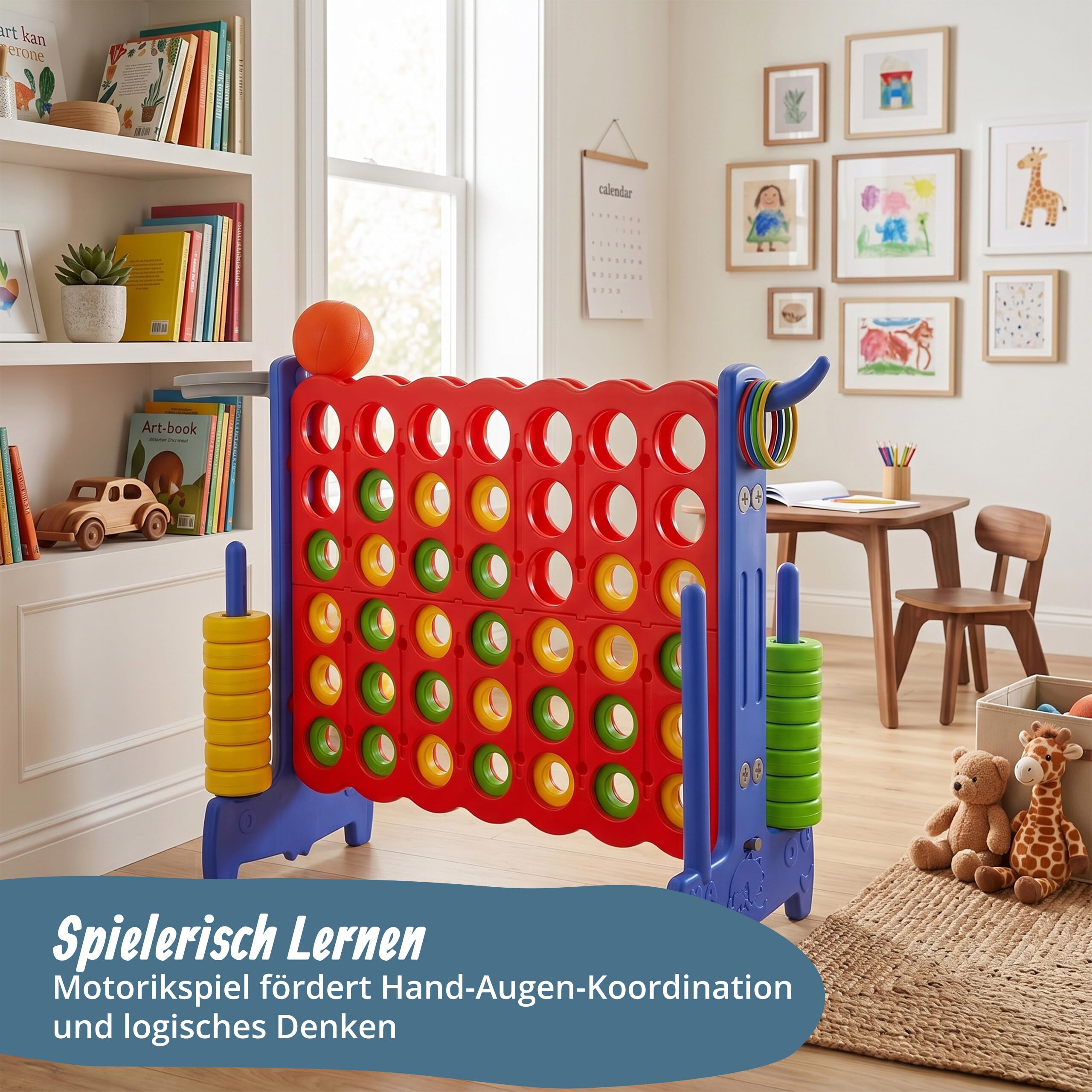 Relaxdays Vier Gewinnt XXL, Outdoor, 3 in 1, Kinder & Erwachsene, HBT 88x121x44 cm, Wurfspiel Basketball & Ringe, Farbe