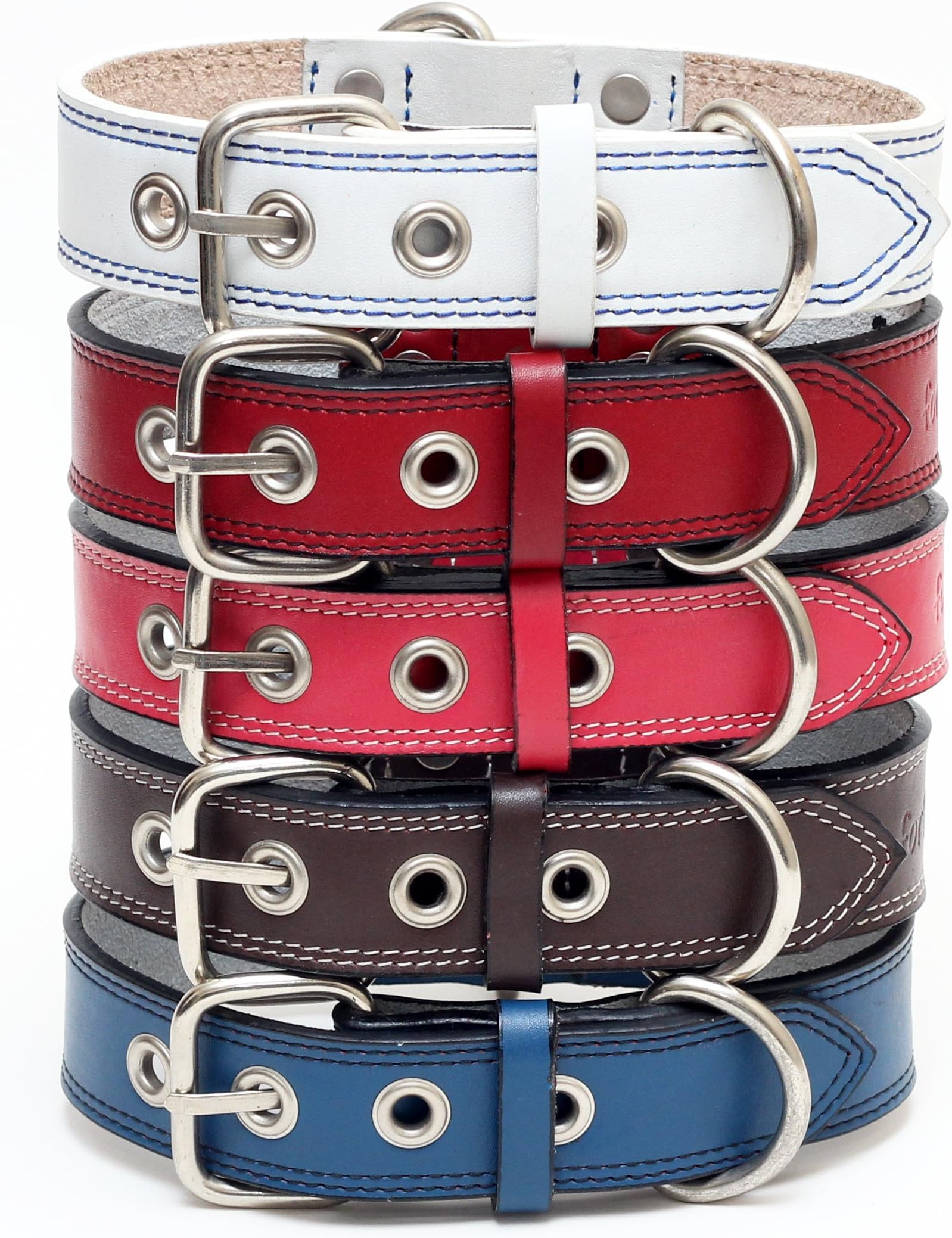 Premium Leather Collars with Stainless Steel Buckles (18"-21", White)