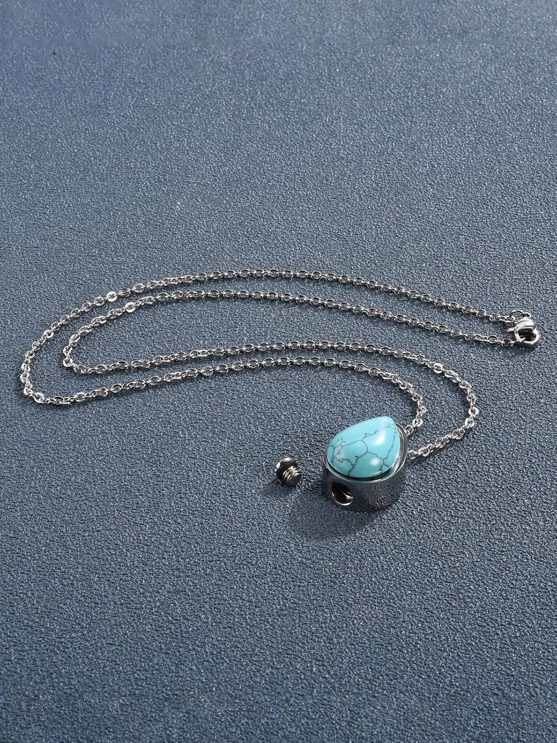 Cremation Urn Necklace for Ashes Turquoise Stone Stainless Steel Teardrop Urn Necklace Keepsake Cremation Ashes Necklace Memorial Jewelry for Men Women - Image 3