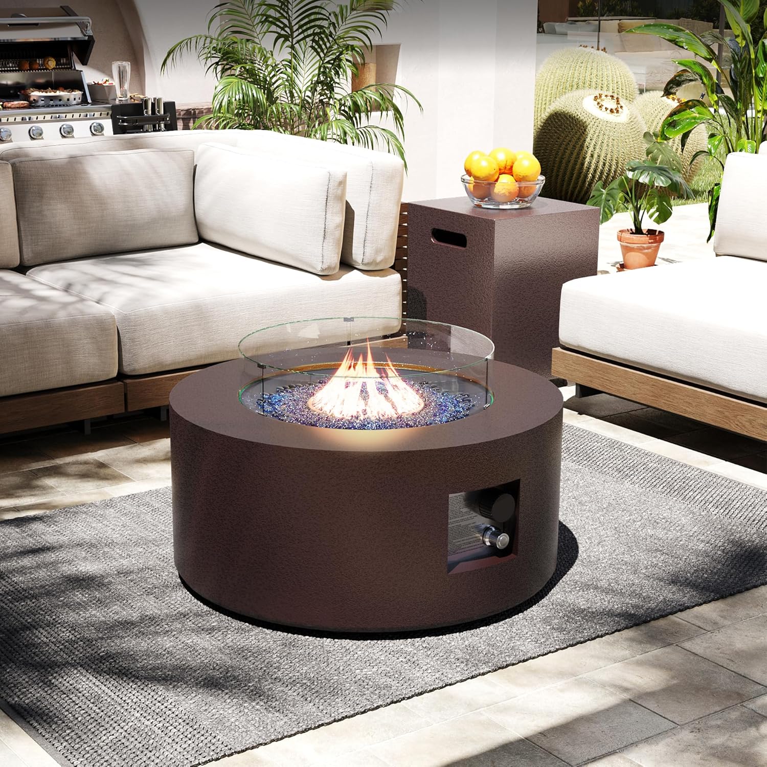 UPHA 28-inch Outdoor Propane Gas Fire Pit Table 40000 BTU Iron Round Firepit for Outside Patio with Tank Hidden Table, Wind Guard, Removable Lid, Blue Glass Rocks, Rain Cover, Brown