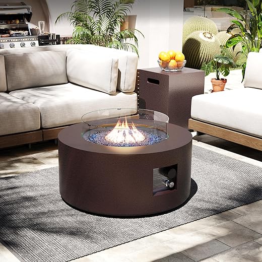 UPHA 42 Inch Outdoor Propane Fire Pit Table, 50,000 BTU Iron Round Gas Fire Pits for Outside, Auto-Ignition Fire Table with Wind Guard, Rain Cover, Lid, Dark Grey