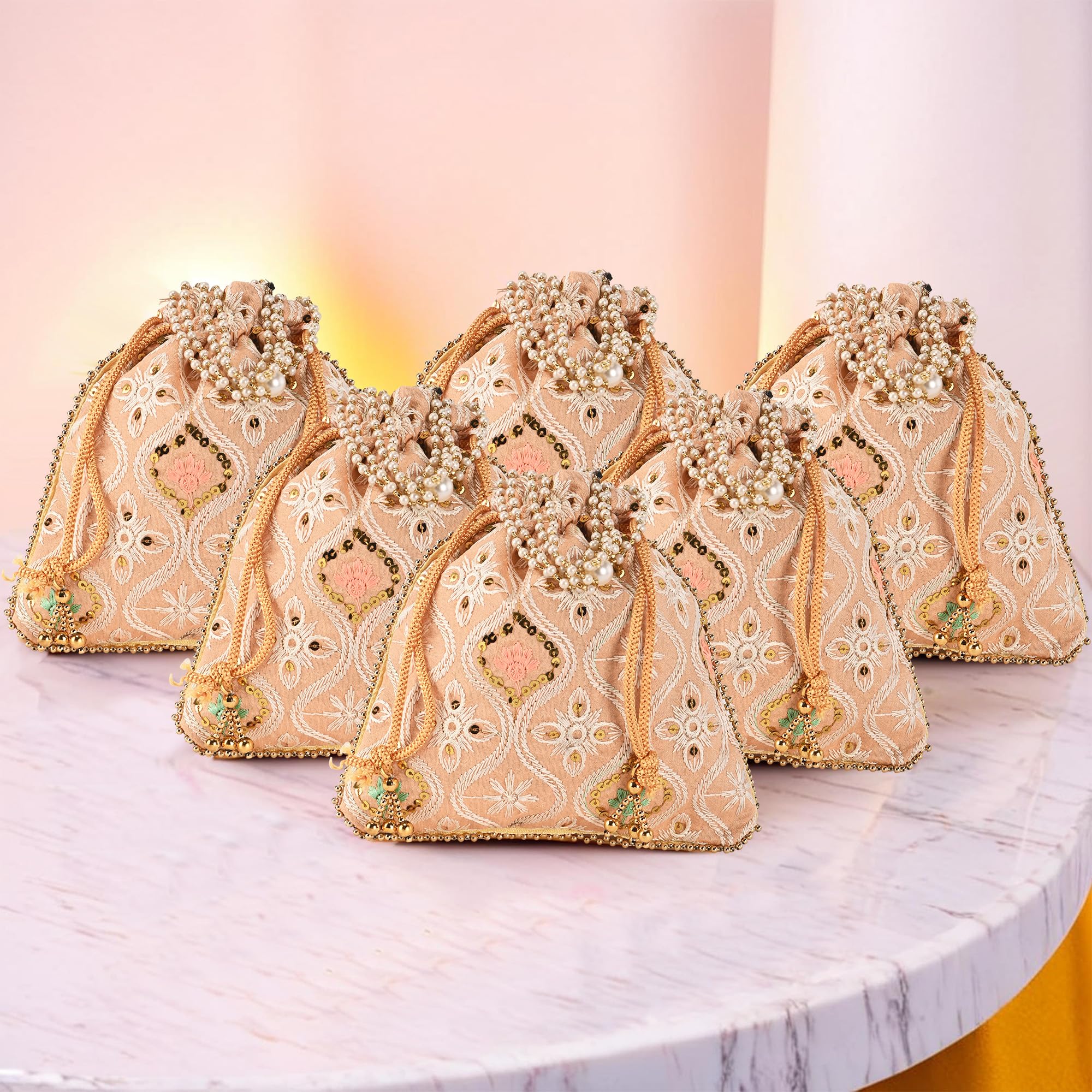 Kuber Industries 6 Pcs Embroidery Potli Bags for Women with Pearl Handle & Drawstring | Indian Ethnic Potli Bags for Ladies for Wedding | Wrist Handbag Purse Batwa | Lakhnavi Print - Peach-image-41