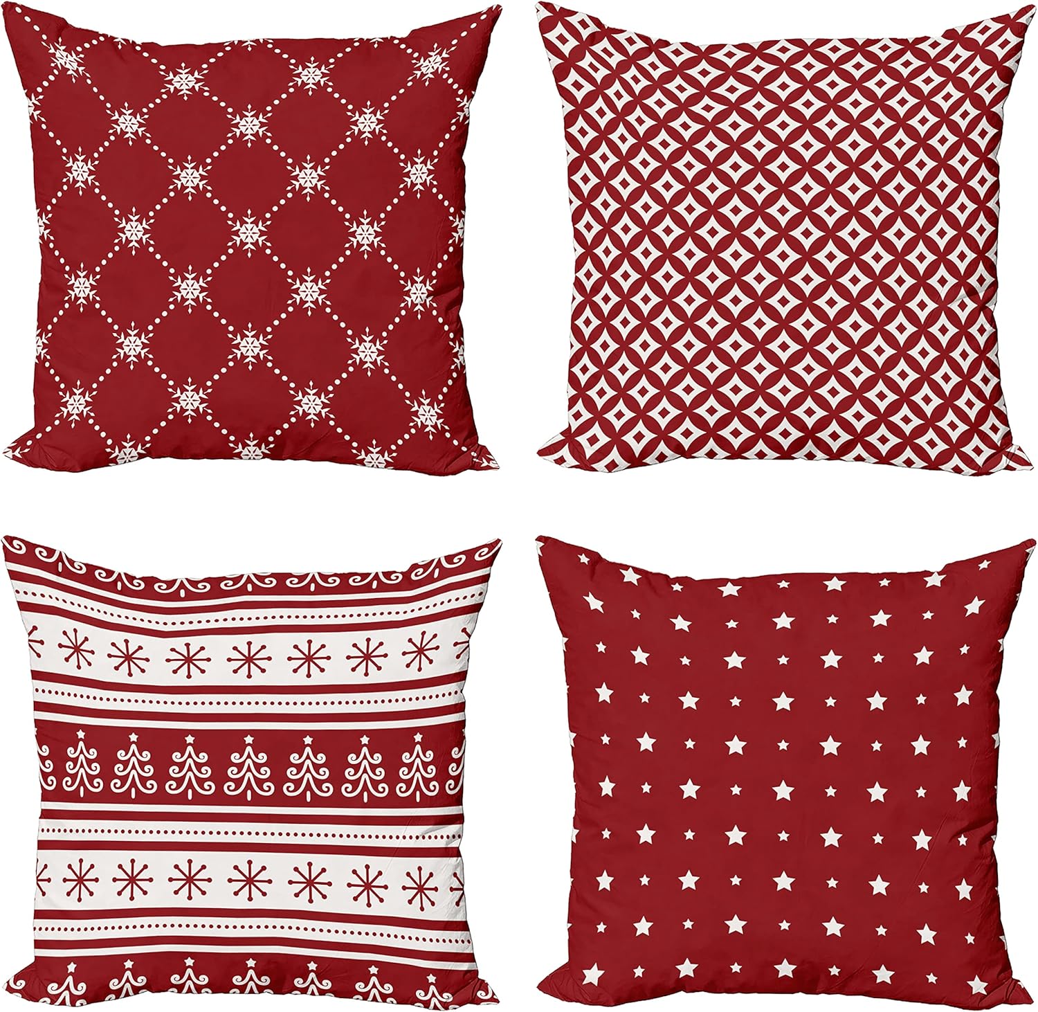 Ambesonne Christmas Throw Pillow Cushion Case Pack of 4, Stars Scandinavian Tree Stripes Circles Diamond Check Noel Concept New York, Modern Accent Double-Sided Digital Printing, 18", Ruby and White