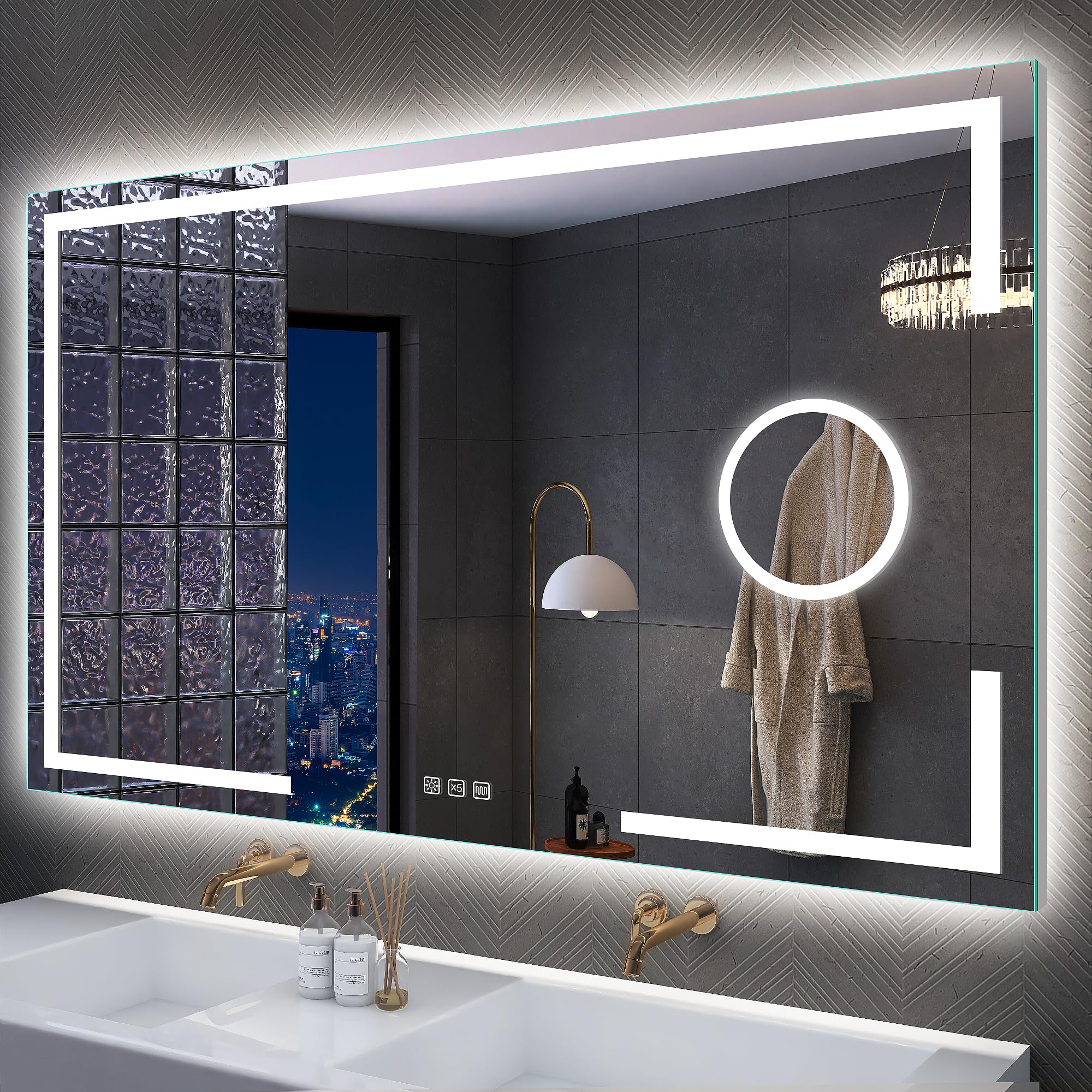 S'bagno 120 x 70 cm Espejo Baño con Luz Espejo Maquillaje con Luz con atenuación antivaho, Marco de Aluminio Espejo de Maquillaje 5 aumentos Badezimmer Wandmontage Mit Lichtern Voll
