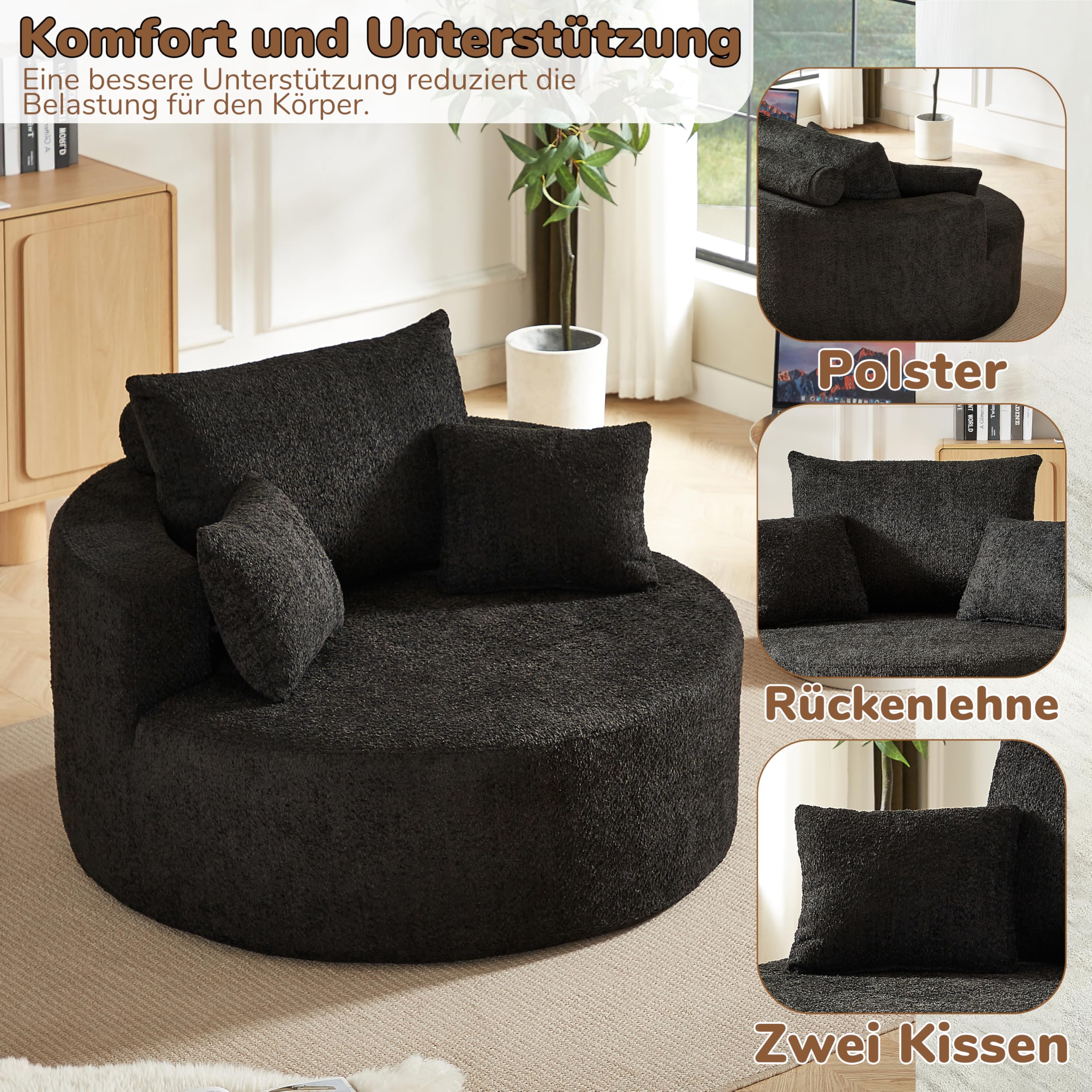 Fauteuil simple, en mousse chenille, moderne, sans montage, pour salon, chambre à coucher, salon et salle de projection (noir)