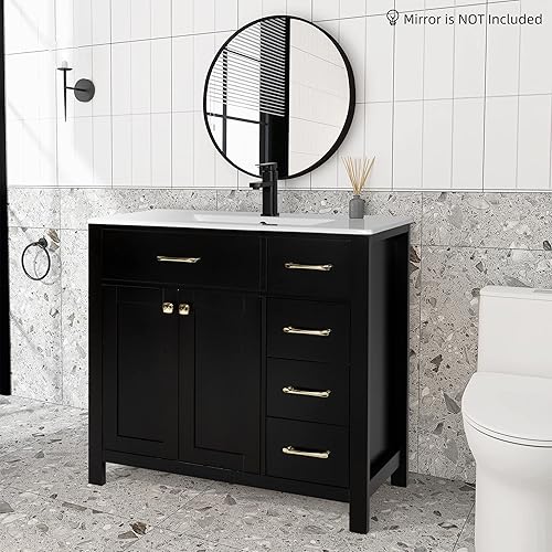 Miniatura 3 de eclife Gabinete de tocador de baño de 36 pulgadas con combo de fregadero empotrado moderno gabinete de MDF con grifo de metal 2 puertas y 3 cajones