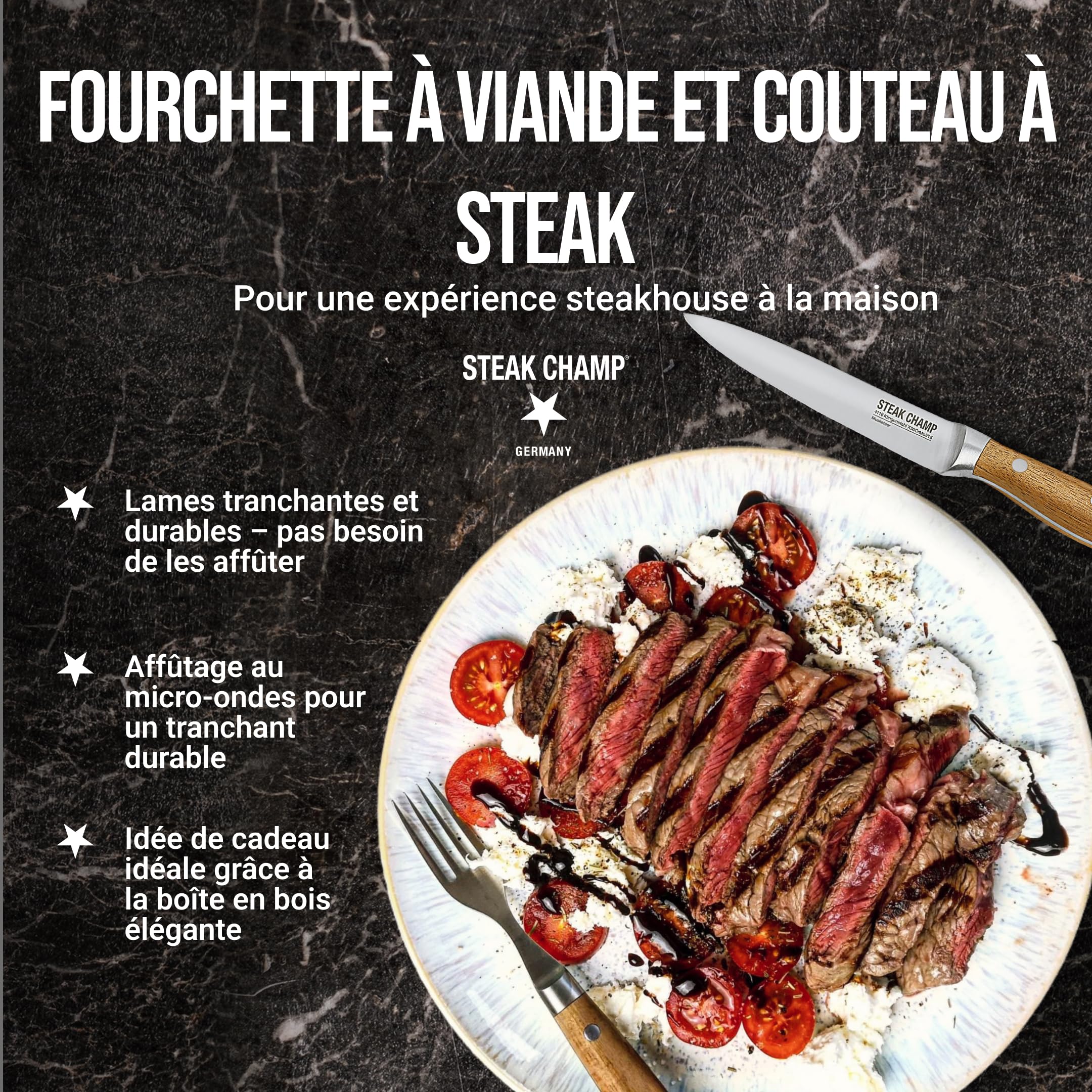 Fourchette à viande et couteau à steak Steak Champ, 2 x 2 pièces : Fourchettes et couteaux en acier à lame, affûtés au micro-ondes, set de 4 pièces, boîte en bois incluse