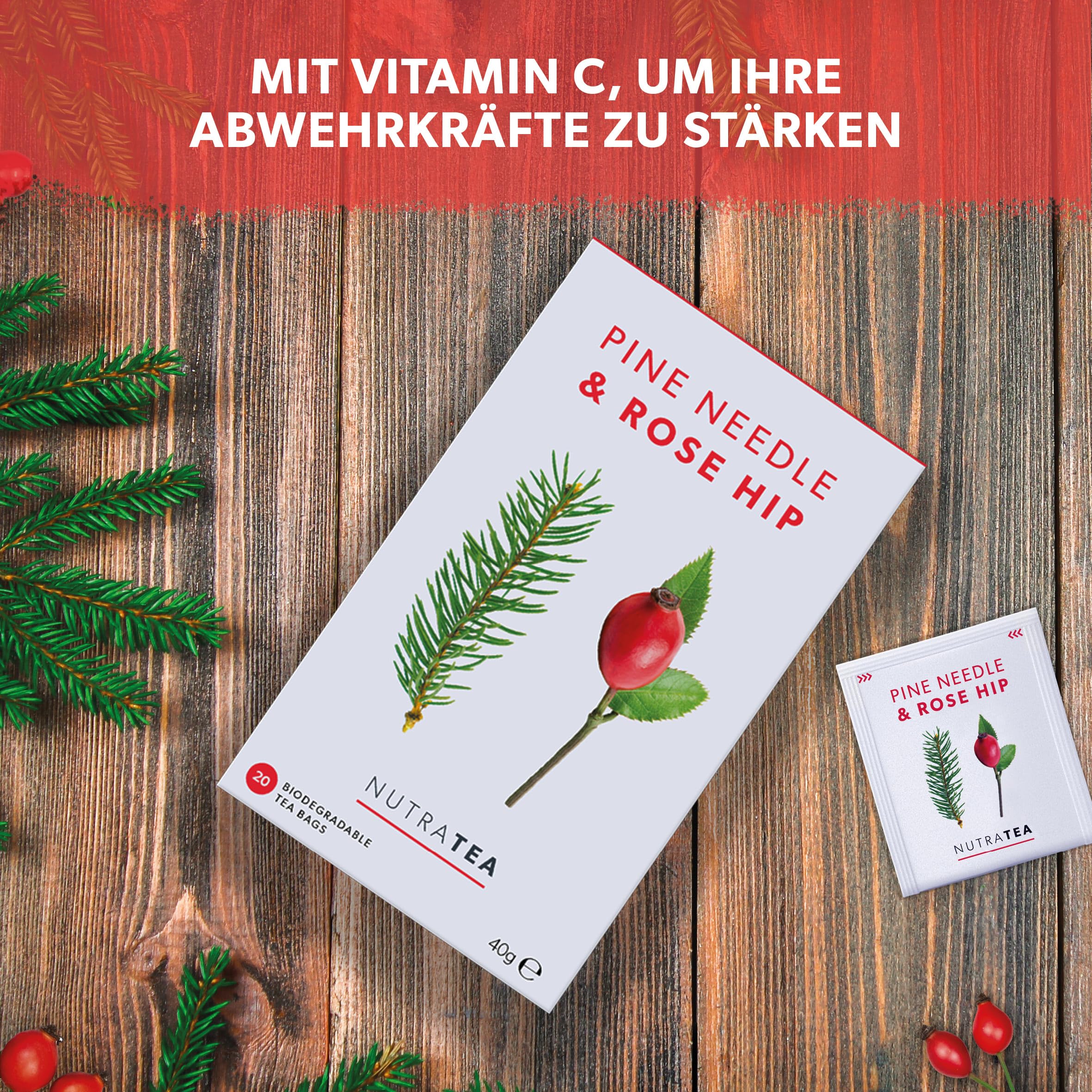 Nutra Tea Hagebutten & Kiefernnadeln Tee - Hagebuttentee zur Unterstützung des Immunsystem & Zellschutz - 120 Verpackte, Wiederverwendbare Teebeutel - Kräutertee - (6 Packung) | Kiefernnadel-Teemischung, einzeln verpackte Teebeutel, botanischer Aufguss, k