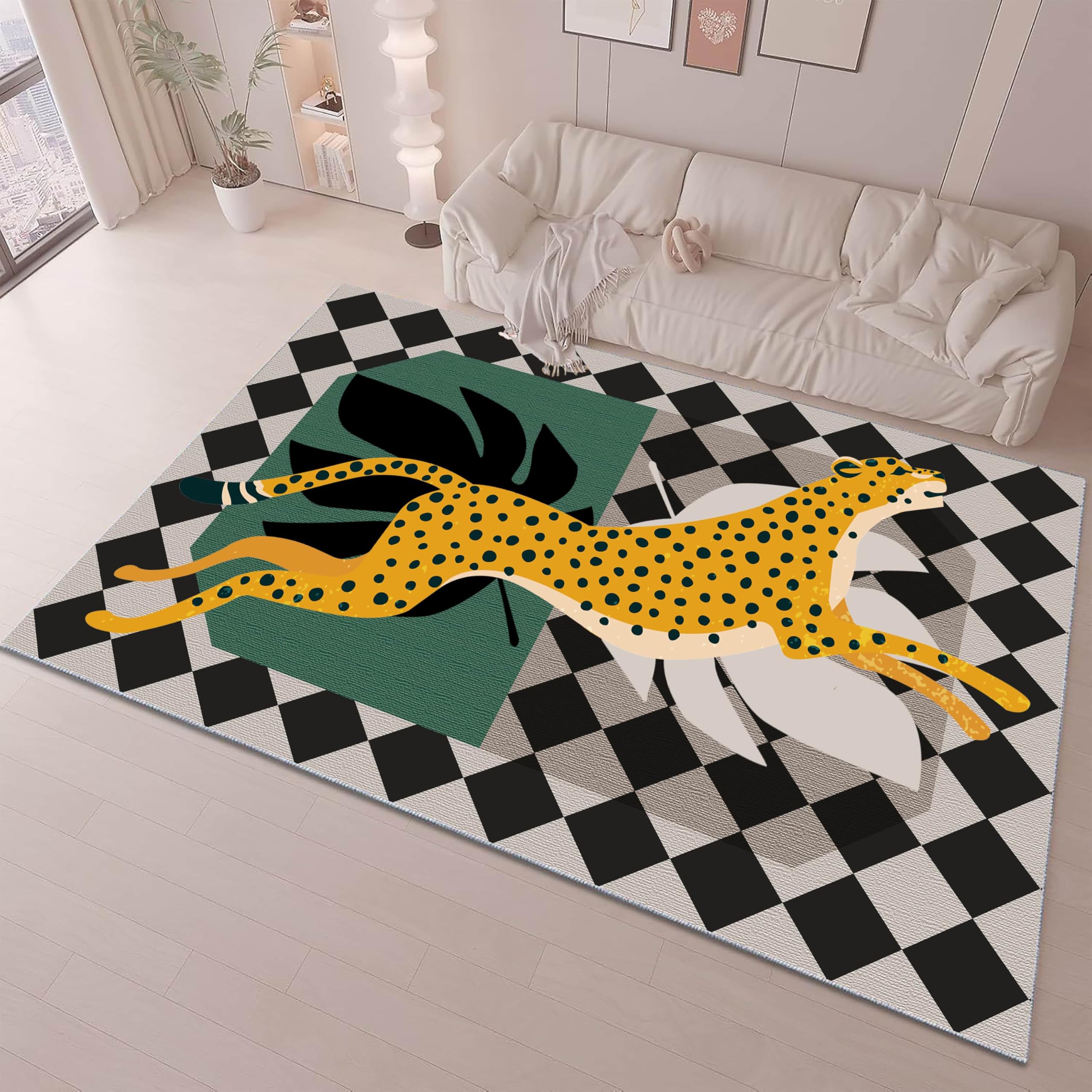 ZCLRUG Wildlife Area Rug for Living Room, 60 x 90 cm Animal Yellow Cheetah plant leaf Non Slip Rugs, Easy Care Foldable Black White Diamond Abstract style Floor mat for Kids Room Indoor Carpet
