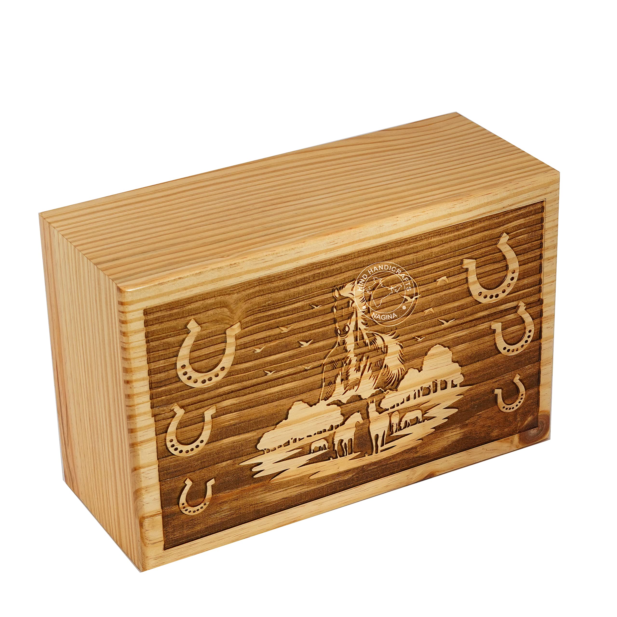 Urne funéraire pour cendres humaines motif cheval en bois de pin adulte