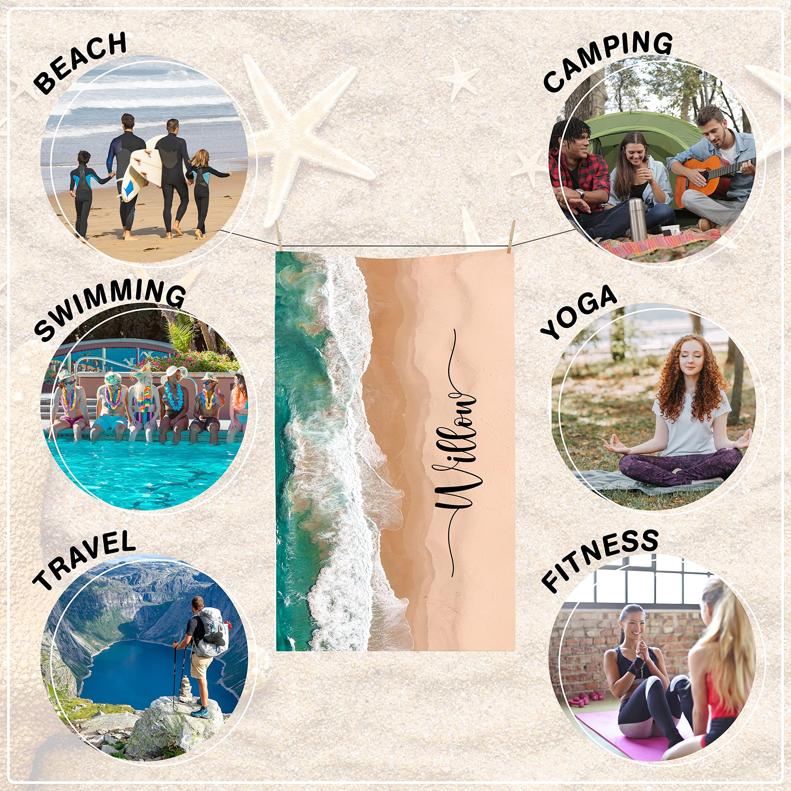 Personalized Beach Towel - Add Your Photo & Text, 30x60 Inch Lightweight Microfiber Travel Towel