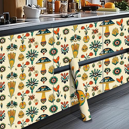 Miniatura 3 de Papel tapiz de hongos para despegar y pegar, papel de contacto psicodélico retro, papel de pared de 17.7 x 118.1 pulgadas, vinilo autoadhesivo para