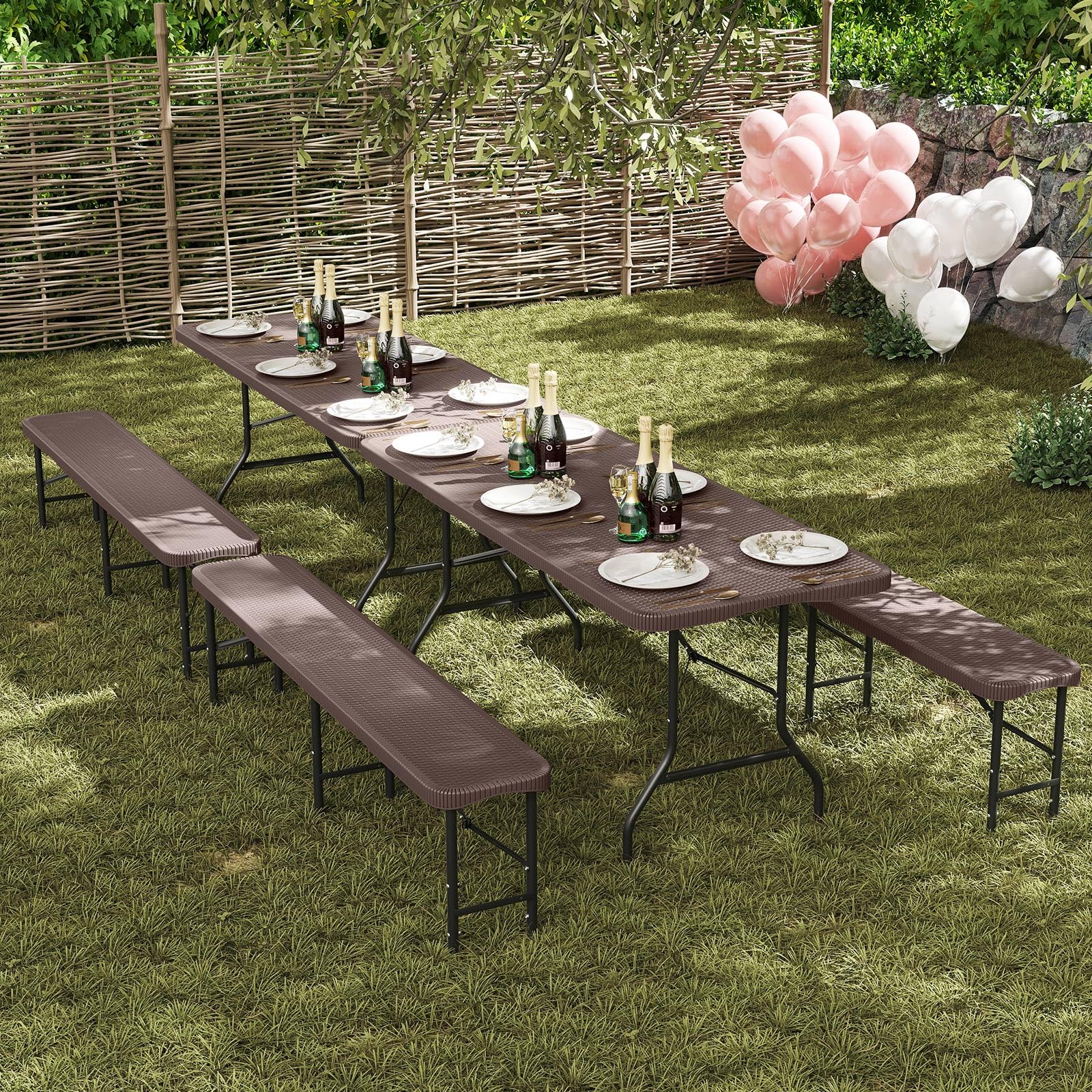 GIANTEX Tavolo da pranzo pieghevole in plastica, effetto rattan e gambe in metallo, 180 x 74 x 75 cm, tavolo portatile per campeggio, picnic, barbecue, giardino