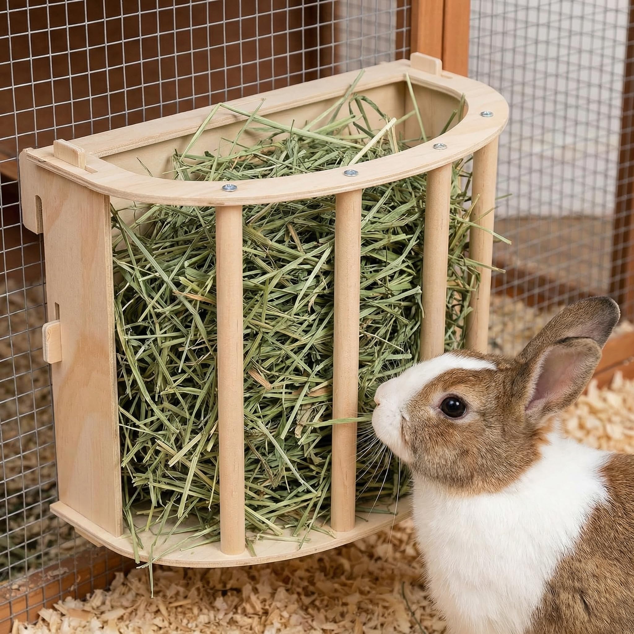 Xygobla Guinea Pig Hay Feeder,Hanging Food Feeding Hay Rack Wooden Rabbit Hay Feeder Less Wasted Wall Mountable Grass Holder Guinea Pig Cages Accessories for Chinchilla Hamster Small Animal (1pcs)
