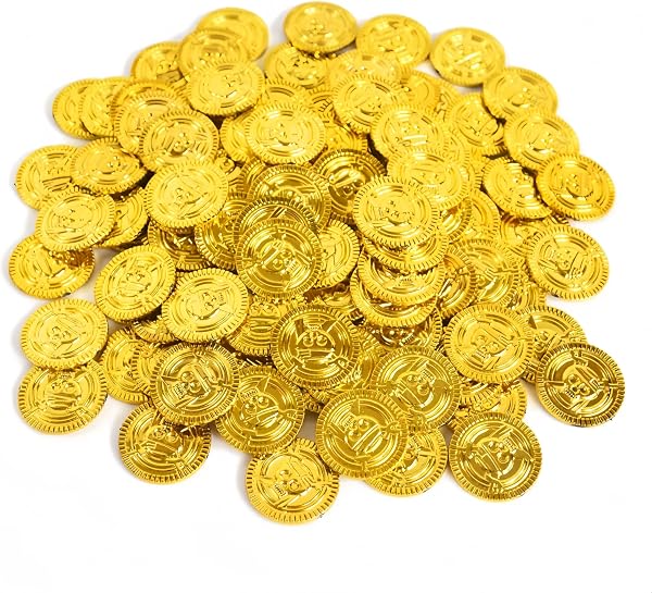 Piraten Goldmünzen, 100 Stück, 2,5 cm Durchmesser, Kunststoff Spielmünzen, Goldfarben - 1