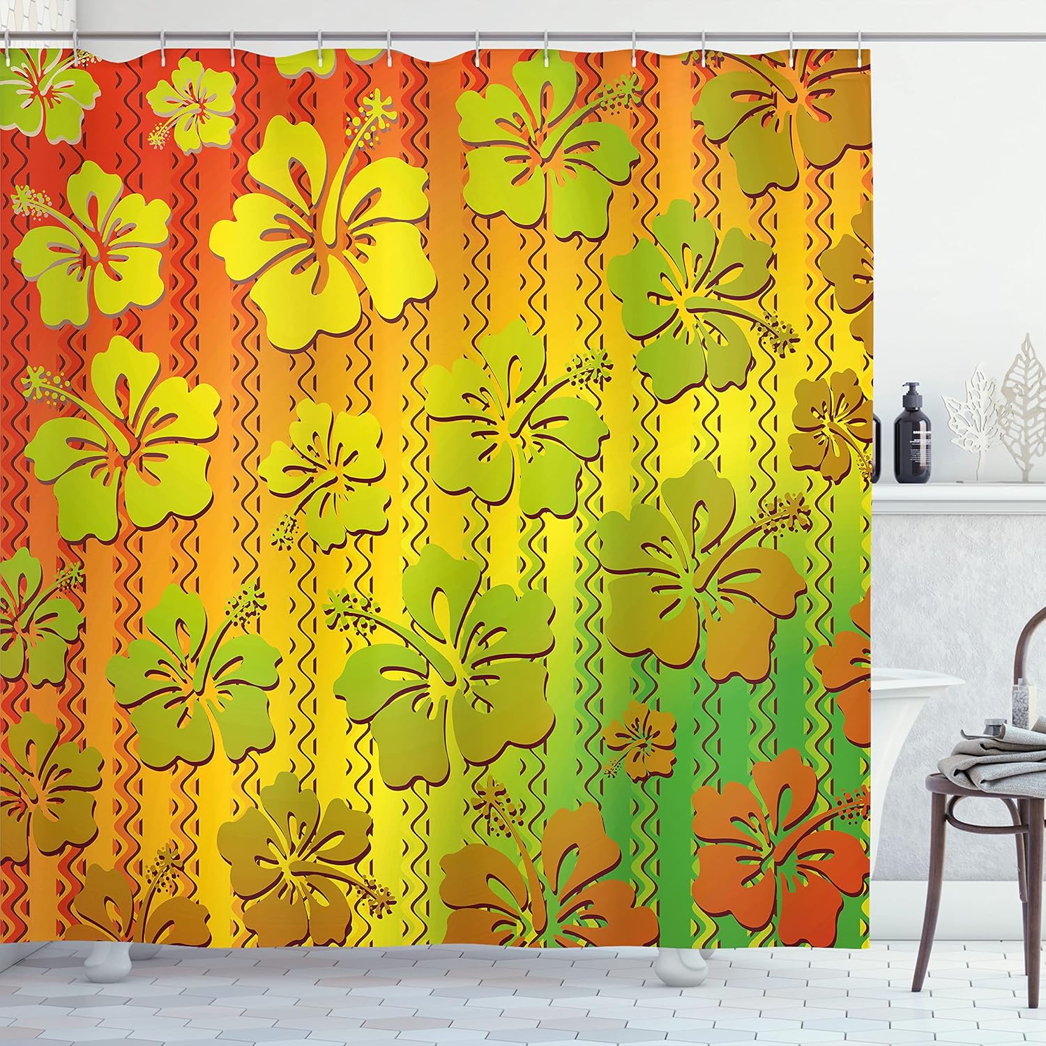 Ambesonne Rasta Shower Curtain, Hibiscus Exotic Jamaican Island Flower with Zig Zag Lines Print, Cloth Fabric Bathroom Decor Set with Hooks, 69" W x 84" L, Pale Green Marigold