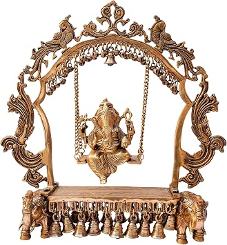 Brass Ganesha on Swing Jhula Ganpati Idol for Home Decor Showpiece Gift Item Collectible Handicraft Art - Yellow, 19 x 6 x 20 Inch L x W x H
