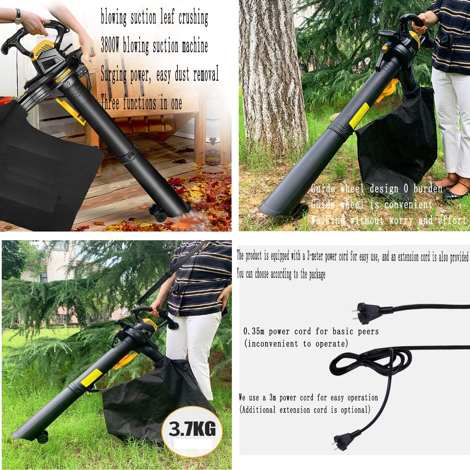 Soplador de Hojas eléctrico de 3800 W, soplador y triturador de Hojas 3 en 1 de Alta Potencia, Ajuste de 6 velocidades, soplador con Bolsa recolectora de Polvo de 40 L, 30 m