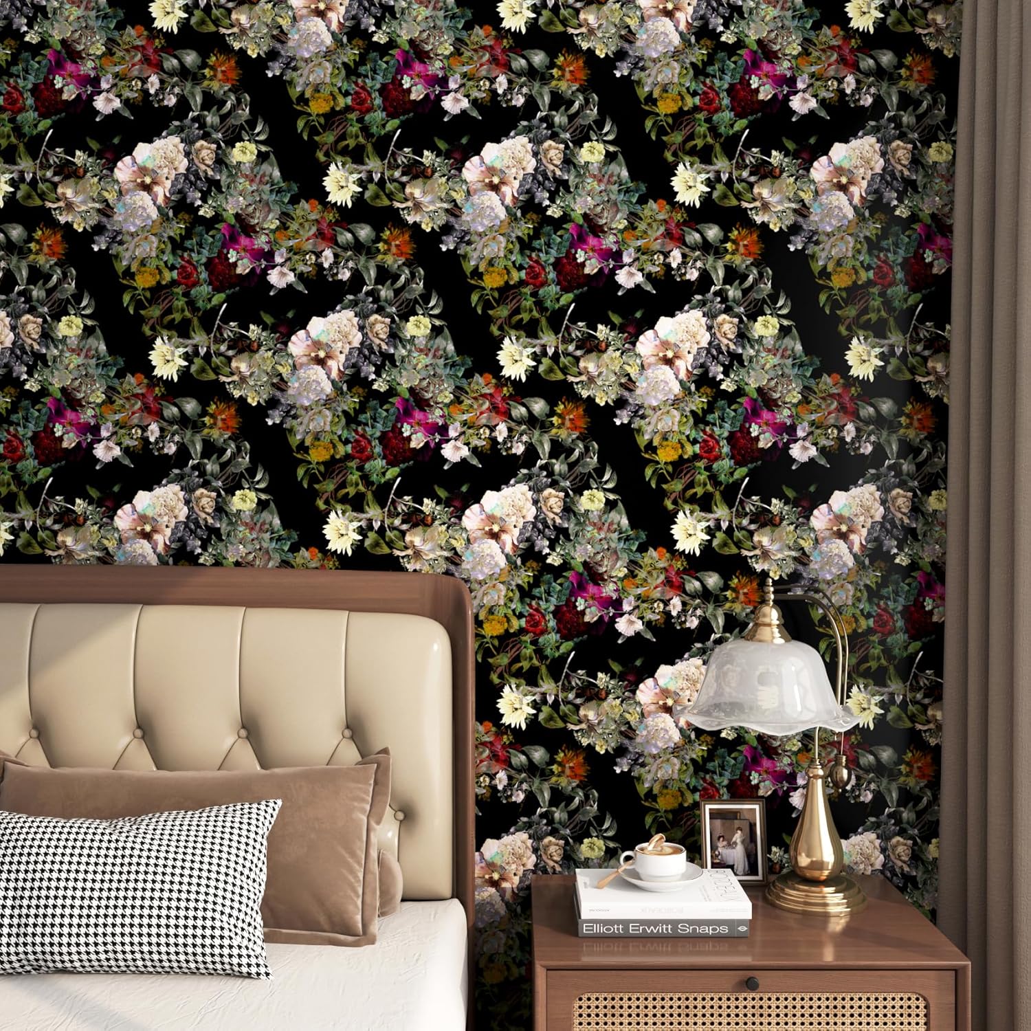 FunStick 17.5"x354" Black Floral Peel and Stick Wallpaper Vintage Pink Wildflower Dark Floral Wallpaper for Bedroom Walls Self Adhesive Vinyl Green Leaves Contact Paper for Kitchen Cabinet Wall Paper