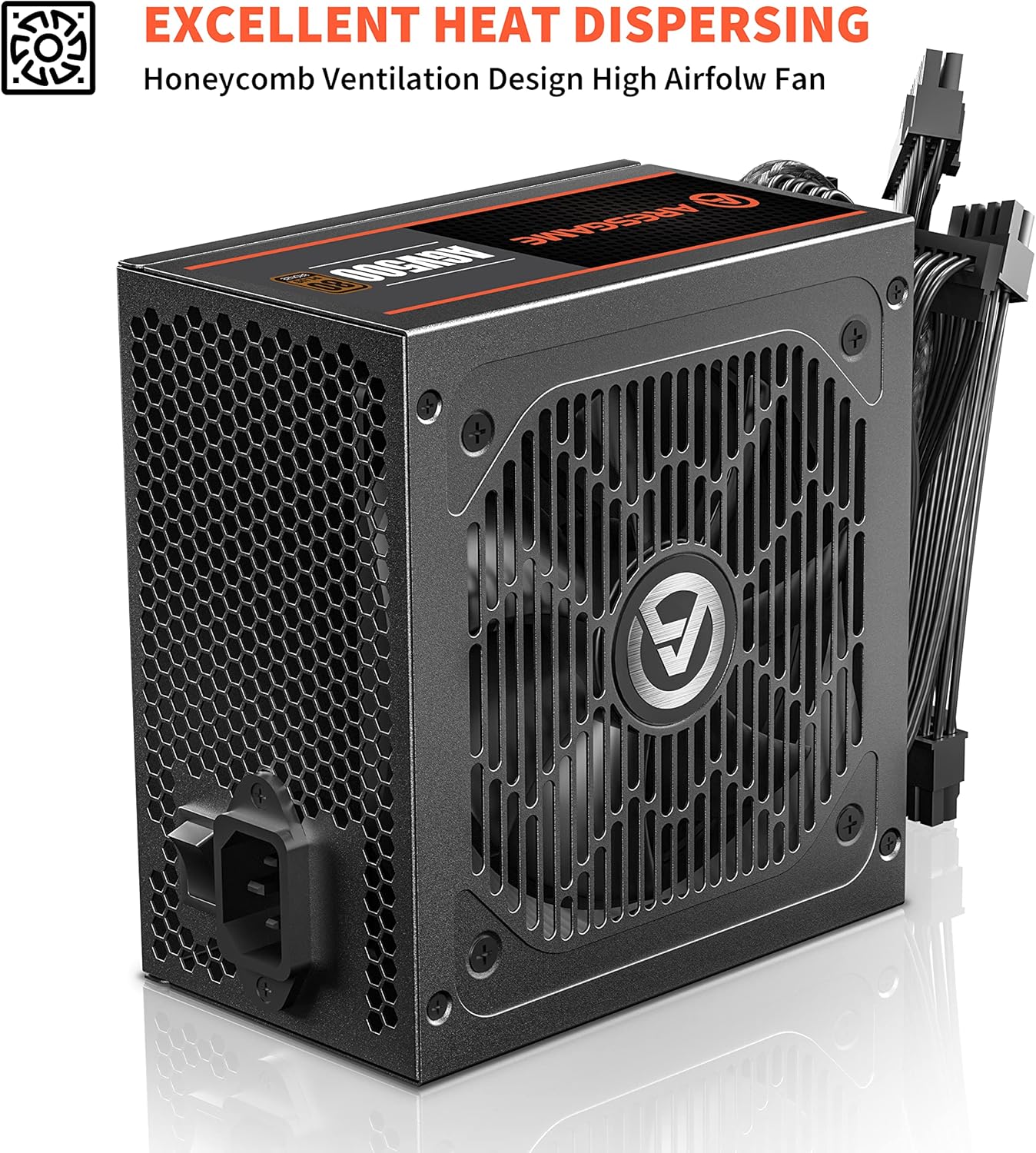 Z bliska view of the ARESGAME AGV500 power supply's honeycomb ventilation design