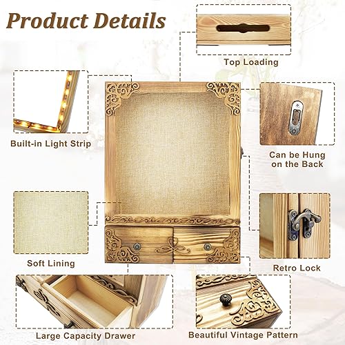 Vista 62 de Marco de caja de sombra de 11 x 16 pulgadas con luz, vitrina conmemorativa con estantes, cajón y ranura para recuerdos, caja grande de sombra Negro