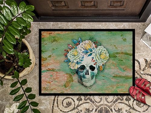 Miniatura 3 de Caroline's Treasures BB5124MAT - Felpudo del Día de los Muertos con diseño de calavera con flores, 18 x 27 pulgadas, tapete para puerta delantera,