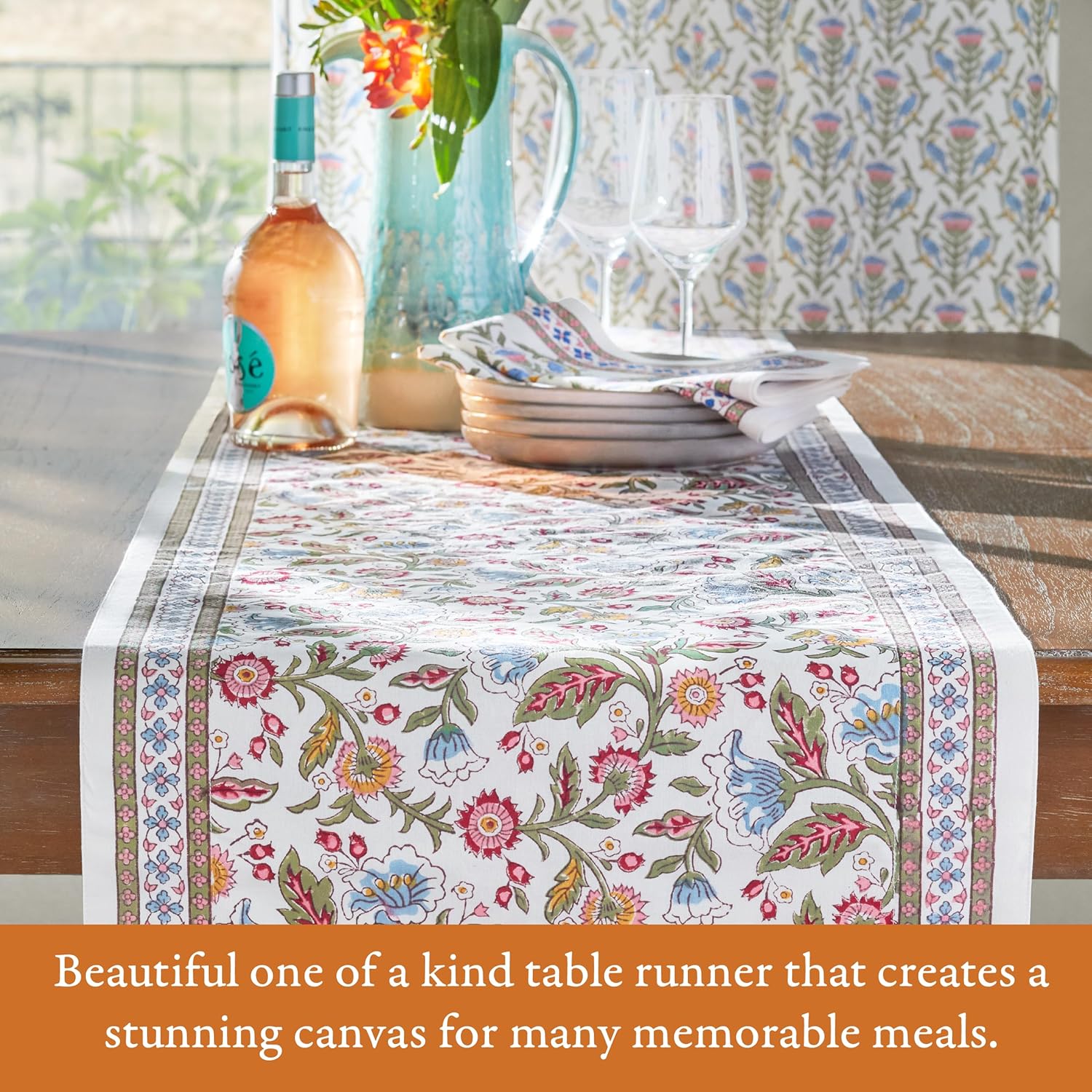 Saffron Marigold Ivory Table Runner - 18x108 inches, Hand Block Printed Dining Centerpiece 100% Washable Cotton for Boho & Farmhouse Home Decor or Coffee Enchanted
