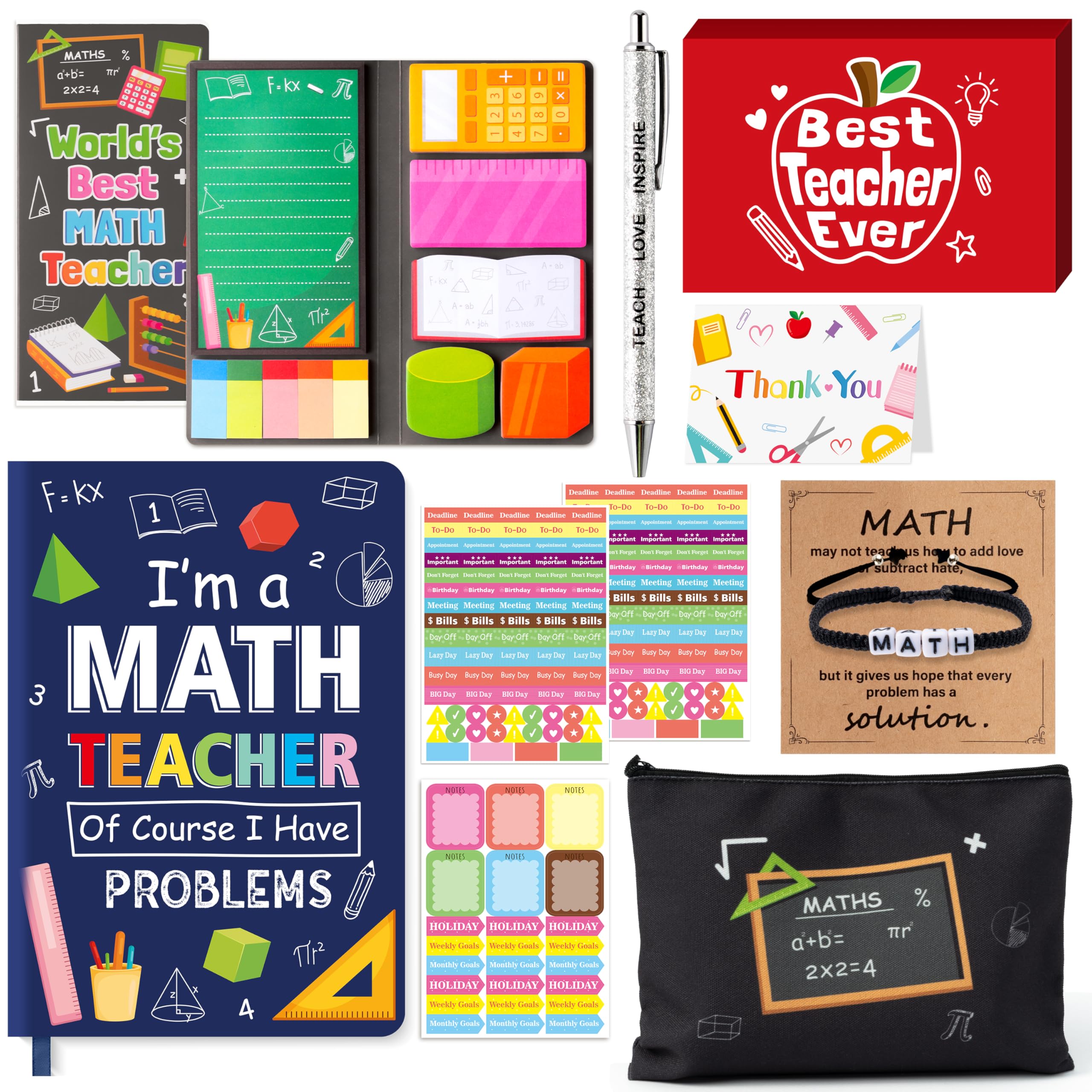 B1ykin Teacher Appreciation Thank You Gifts, zestaw 6 sztuk z bransoletką do makijażu do szkoły i biura, prezent (nauczyciel matematyki)