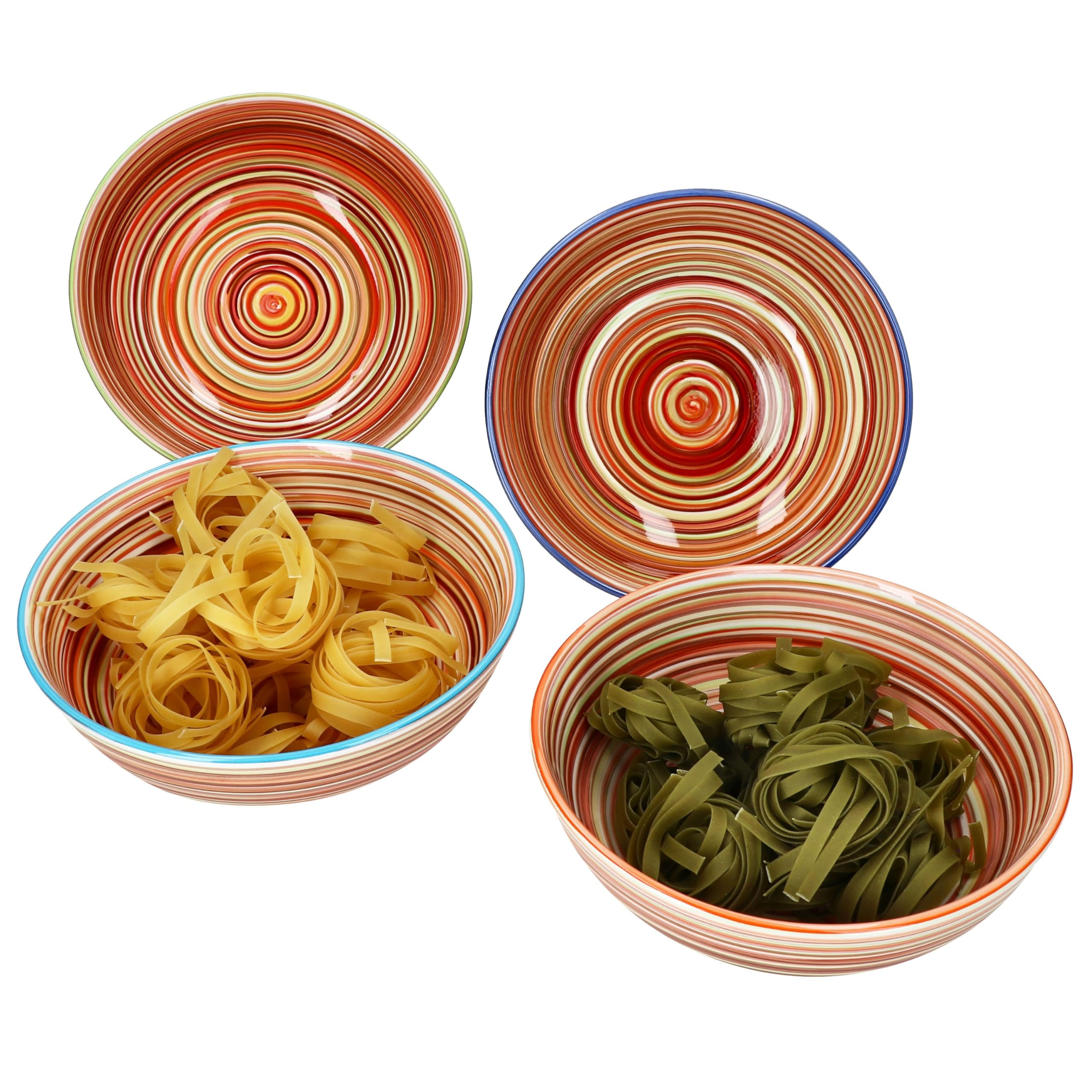 MamboCat Linea - Lot de 4 bols à spaghetti profonds - Diamètre : 22,5 cm - 1,25 l - Assiettes à pâtes méditerranéennes rayées avec 4 bords colorés - Pour 4 personnes - Vaisselle en faïence