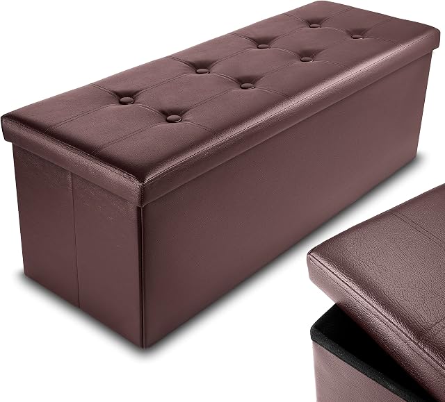 Nyxi Faux Leather 110 * 38 * 38 cm Brown Ottoman Foldable Storage Boxes Seat Foot Stool Storage Box with Lids for Kids Toys, Bedroom, Hallway, Living Room