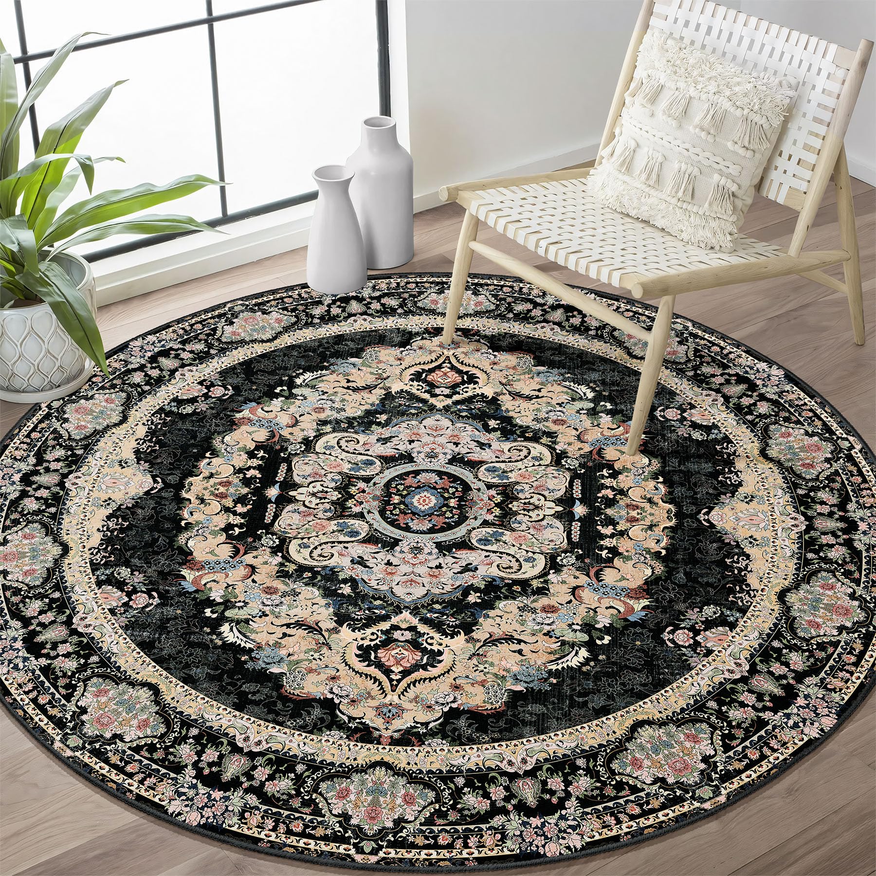 Castage Black Round Rug 4ft,Circle Washable Area Rugs for Bedroom Bathroom Entryway,Boho Vintage Bohemian Distressed Oriental Carpet Non Slip,Floral — image 1