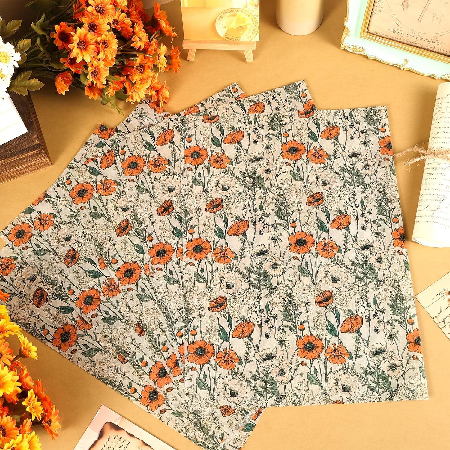 100 Sheets Orange Wildflower Garden Floral Tissue Paper, Retro Wildflower Pattern Wrapping Paper for Birthday Wedding Baby Shower DIY Crafts Party Supplies, 13.8 x 19.7 Inch