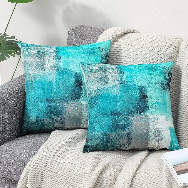 OYIMUA Set of 2 Decorative Velvet Cushion Covers 50 x 50 cm Abstract Art Decor Pillow Case Teal Cushion Cover 20x20 inches for Outdoor Patio Garden Blench Living Room Sofa Farmhouse Decor