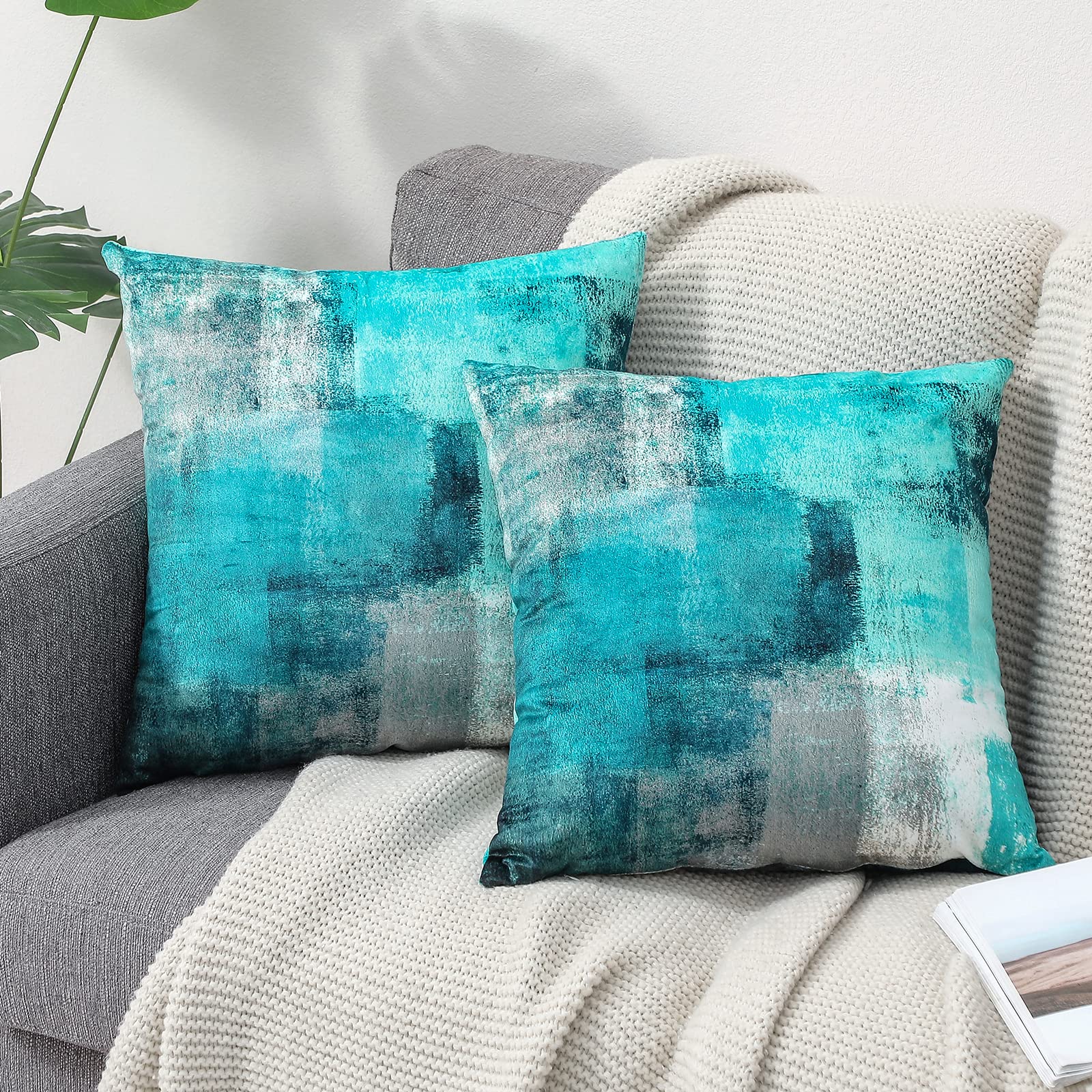 Set Di 2 Federe Per Cuscino 40x40 Cm – Motivo Astratto Turchese E Grigio, Moderna Decorazione Casa