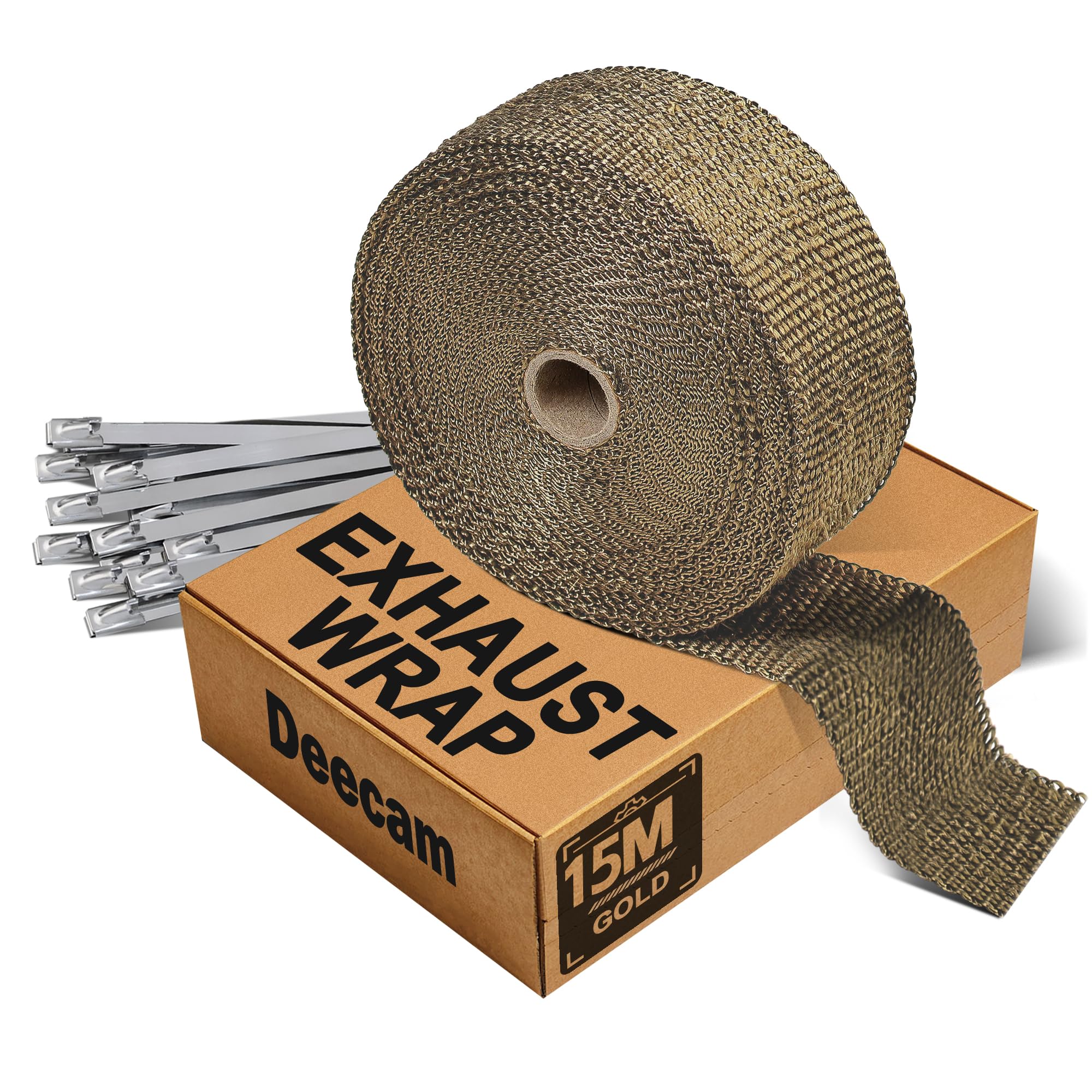 Heat Protection Tape Motorcycle 15 m, Exhaust Sealing Tape, Pack of 12, 300 x 4.6 mm with Stainless Steel, Cable Ties for Exhaust Manifold, Deecam Heat Protection Tape, Exhaust Gold
