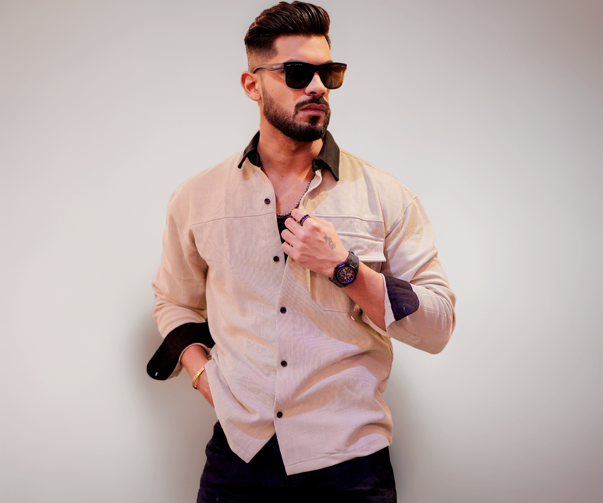Maniac Mens Solid Cotton Full Sleeve Shirt Biscuit Black - Image 1