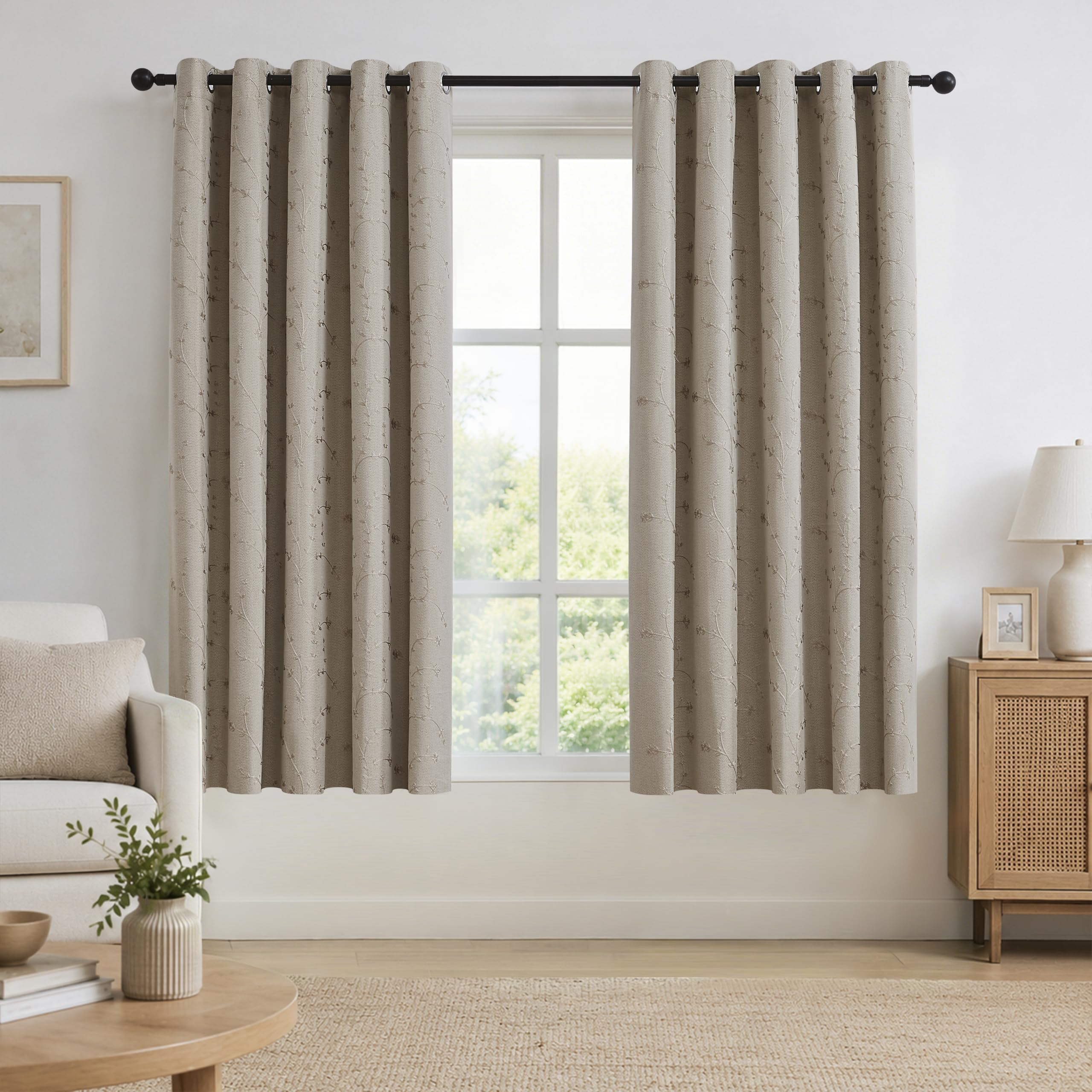 Bujasso Natural Embroidered Floral Blackout Curtain 66"x72"Grommet 2 Panels
