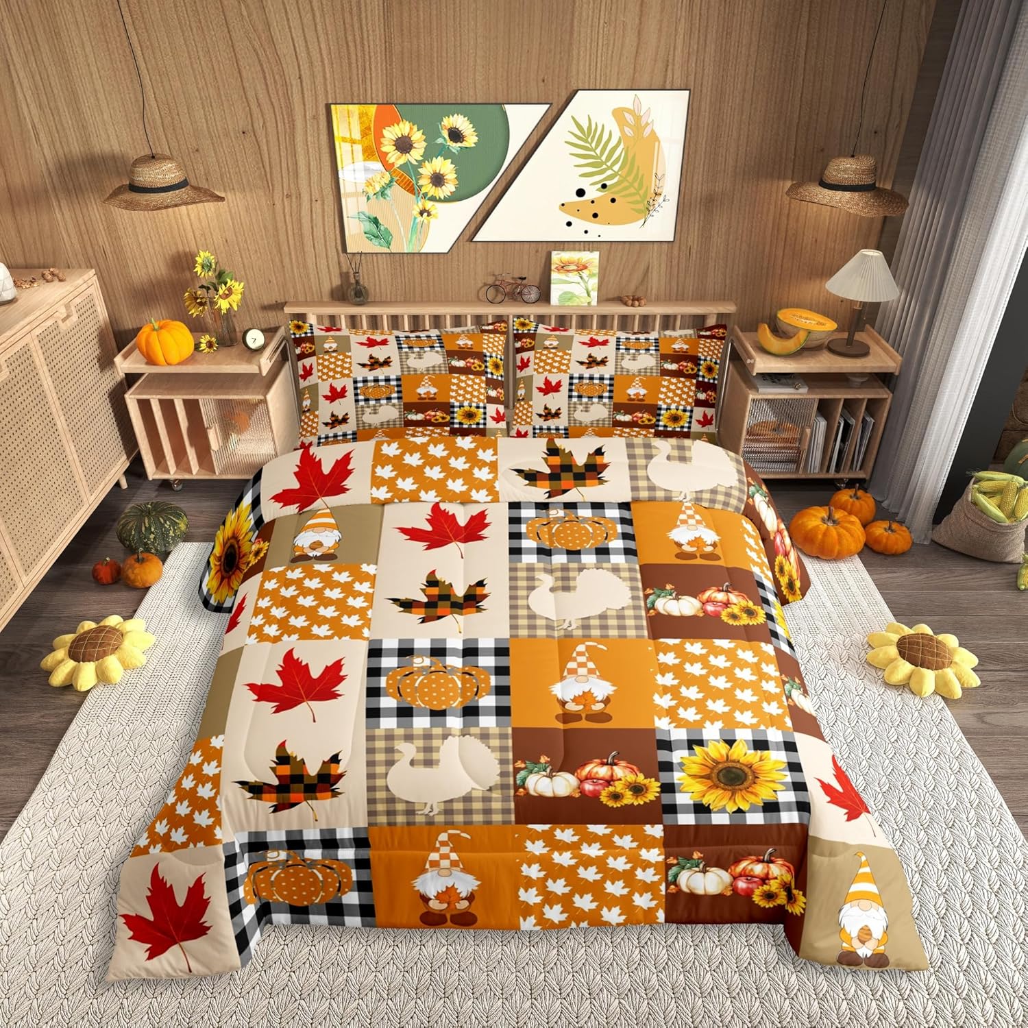 Manfei Retro Plaid Splicing 3 Pcs Queen Size Comforter Set,Thanksgiving Theme Sunflower Pumpkin Down Alternative Adults Room Decor,Rustic Farmhouse Ultra Soft Microfiber Inner Fill 3Pcs Bedding