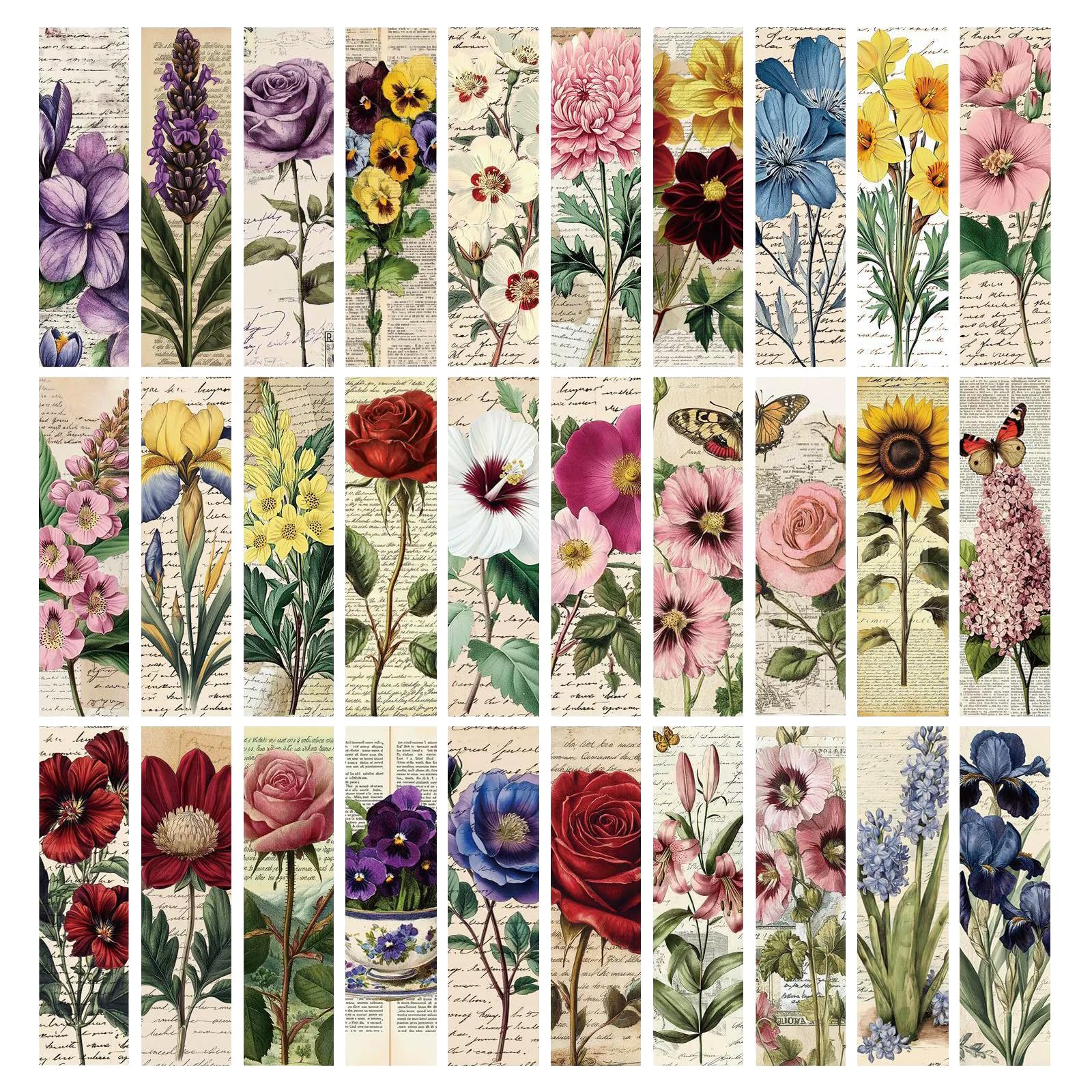 JSRQT 30Pcs Vintage Flower Paper Bookmarks Set,Rose Theme Page Markers Bookmark for Book Lovers Gifts, Book Reading Accessories Gift for Students Teachers