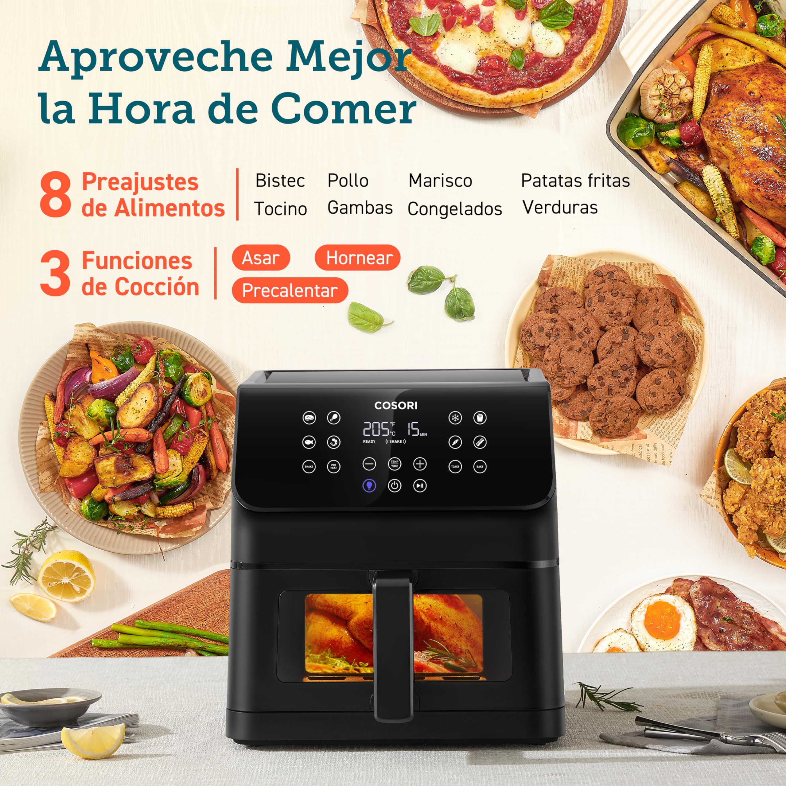 Cosori Freidora de Aire 6,2L con Ventana, 11 Modos, Fácil de Usar | Interior Metálico, con Tecnología Rapid Air, Menor Consumo Energético, Hasta 205°C y 60 Min, Apta para Lavavajillas