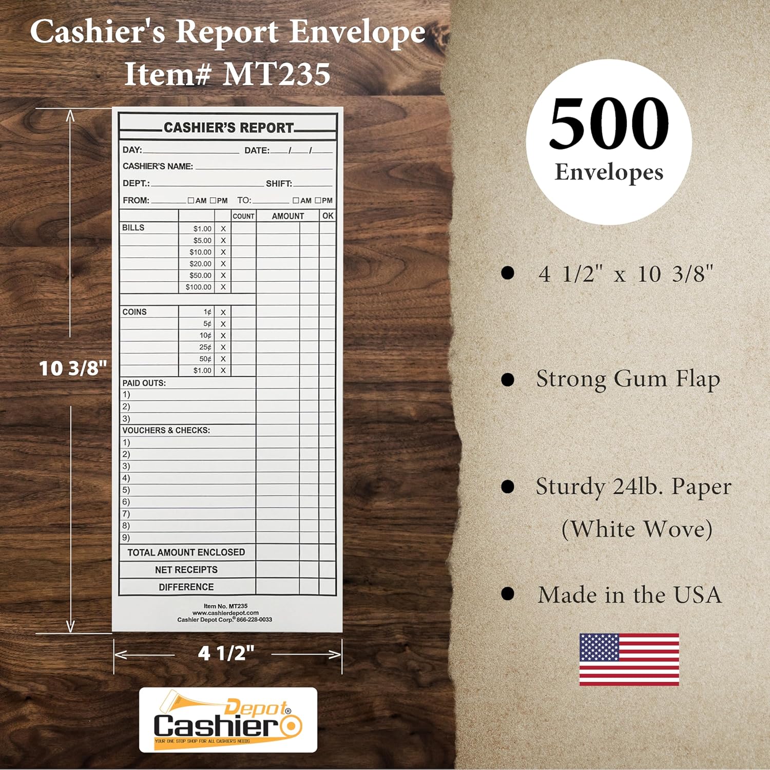 500 Cashier Depot - Cashier’s Report Envelopes MT235 – 4 1/2" x 10 3/8", White 24lb Paper, Cash Deposit Report, Money Envelopes for Retail, Restaurants, Hotels, Small Business (500 Envelopes) - Image 2