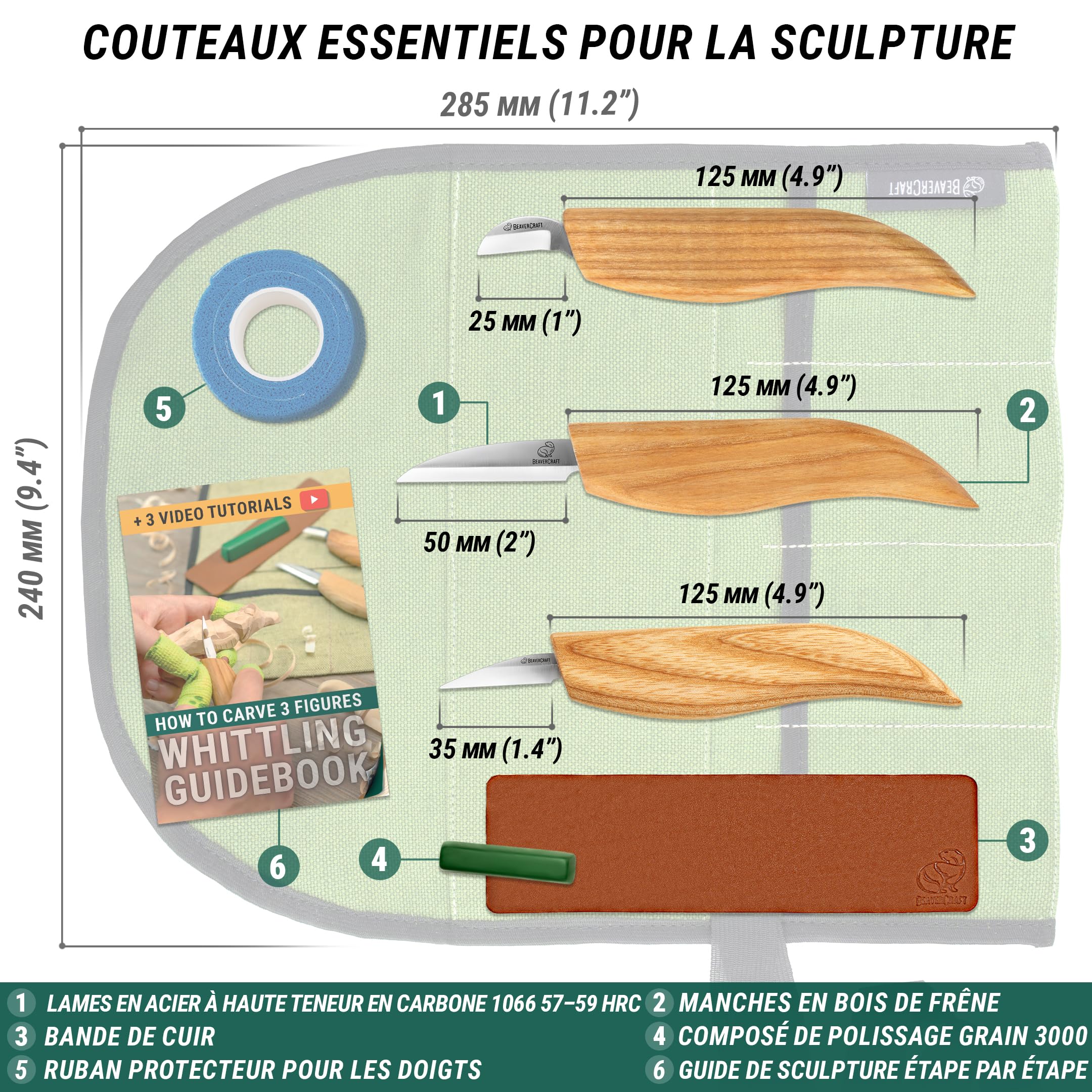 BeaverCraft Kit de Couteaux pour Travail du Bois S15 – Kit de Taillage pour Débutants et Enfants, Outils avec Couteaux Sloyd et de Détail, Strop en Cuir, Pâte à Polir et Tutoriels