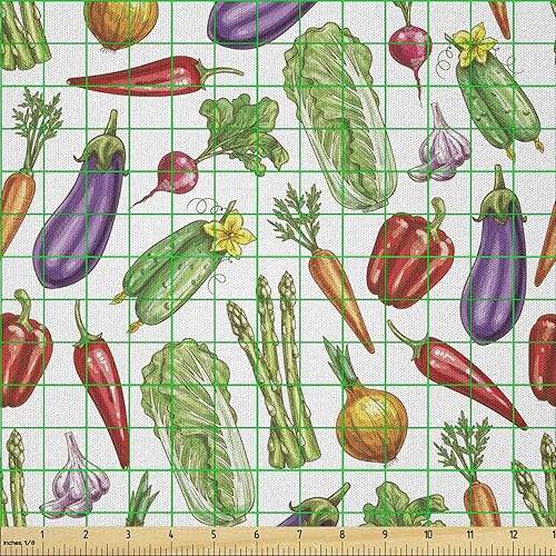 Miniatura 2 de Ambesonne Vegetable Art Fabric by The Yard, Detailed Eggplant Cucumber with Onion and Garlic Food Ingredients Cartoon, Microfiber Fabric for Arts
