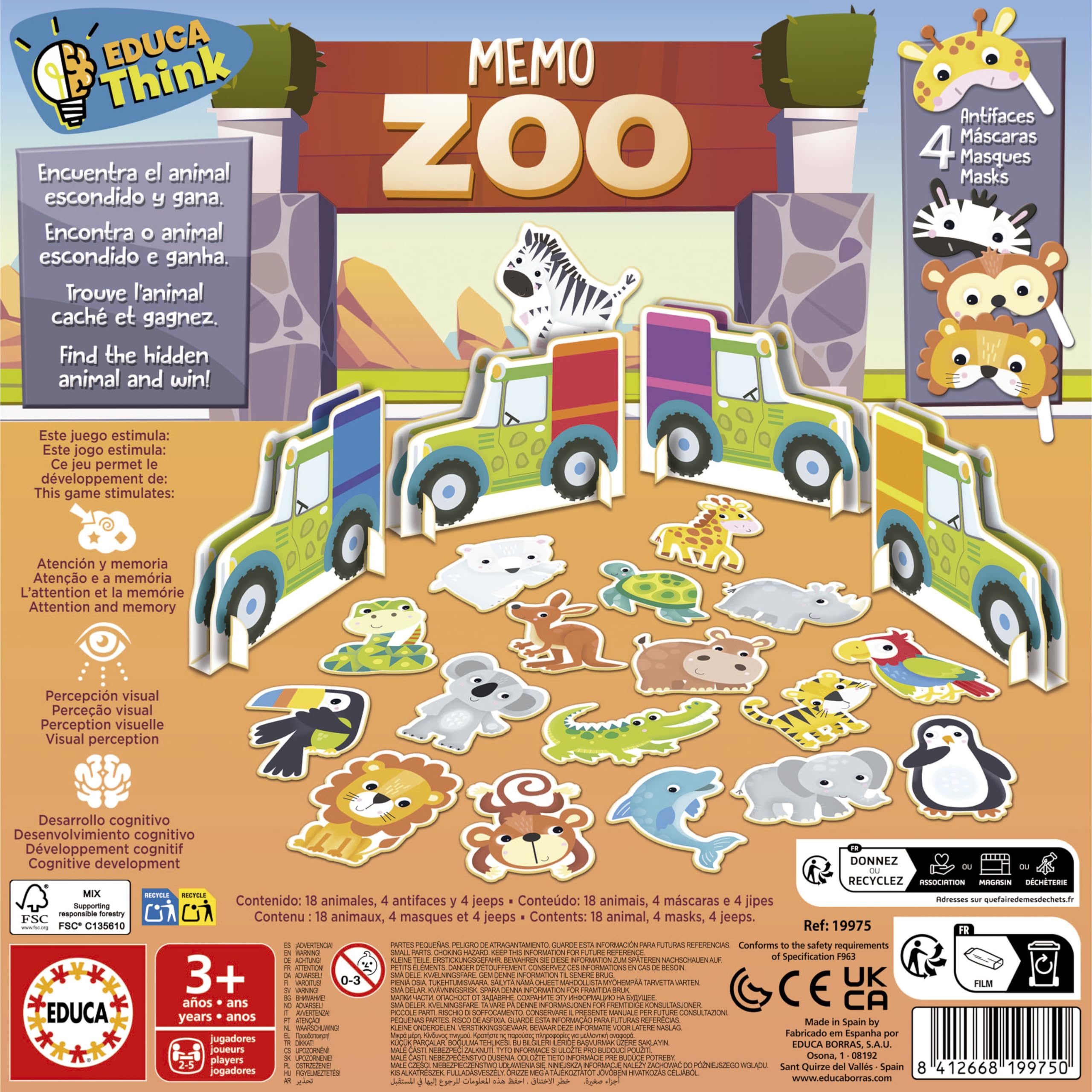 Educa – Memo Zoo – Jeu De Mémoire Et Classification – 3 Dynamiques – Dès 4 Ans – Éducatif