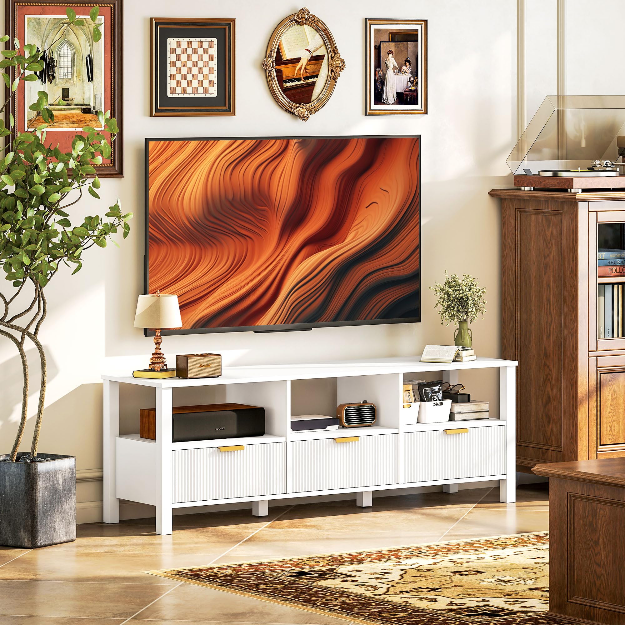 HOMCOM Meuble TV 152 cm, Meuble télé pour téléviseur jusqu'à 65 Pouces avec 3 tiroirs cannelés et 3 étagères Ouvertes, Banc TV Moderne pour Salon, Chambre à Coucher, Blanc