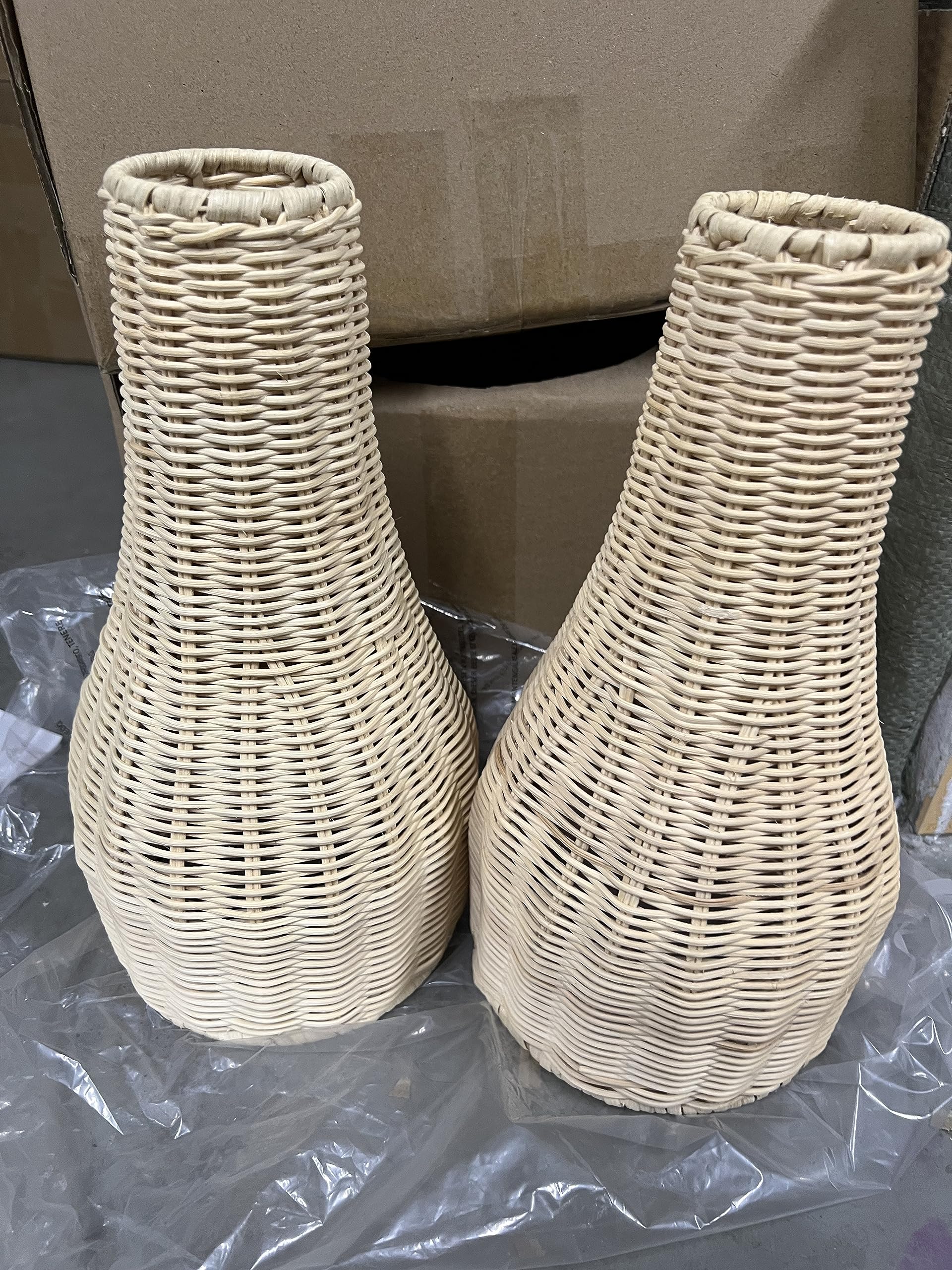 Lampshade Rattan Boho Wicker Pendant Lamp Shades Light Fixtures, Mini Farmhouse Natural Rattan Chandelier Shade Replacement, Retro Wicker Hanging Light Shade for Kitchen Island,Set of 2