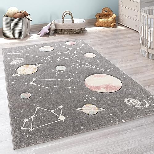 Miniatura 5 de Paco Home Alfombra infantil con diseño de galaxia espacial para guardería, planetas y estrellas en gris, tamaño 6 pies 7 pulgadas, redonda