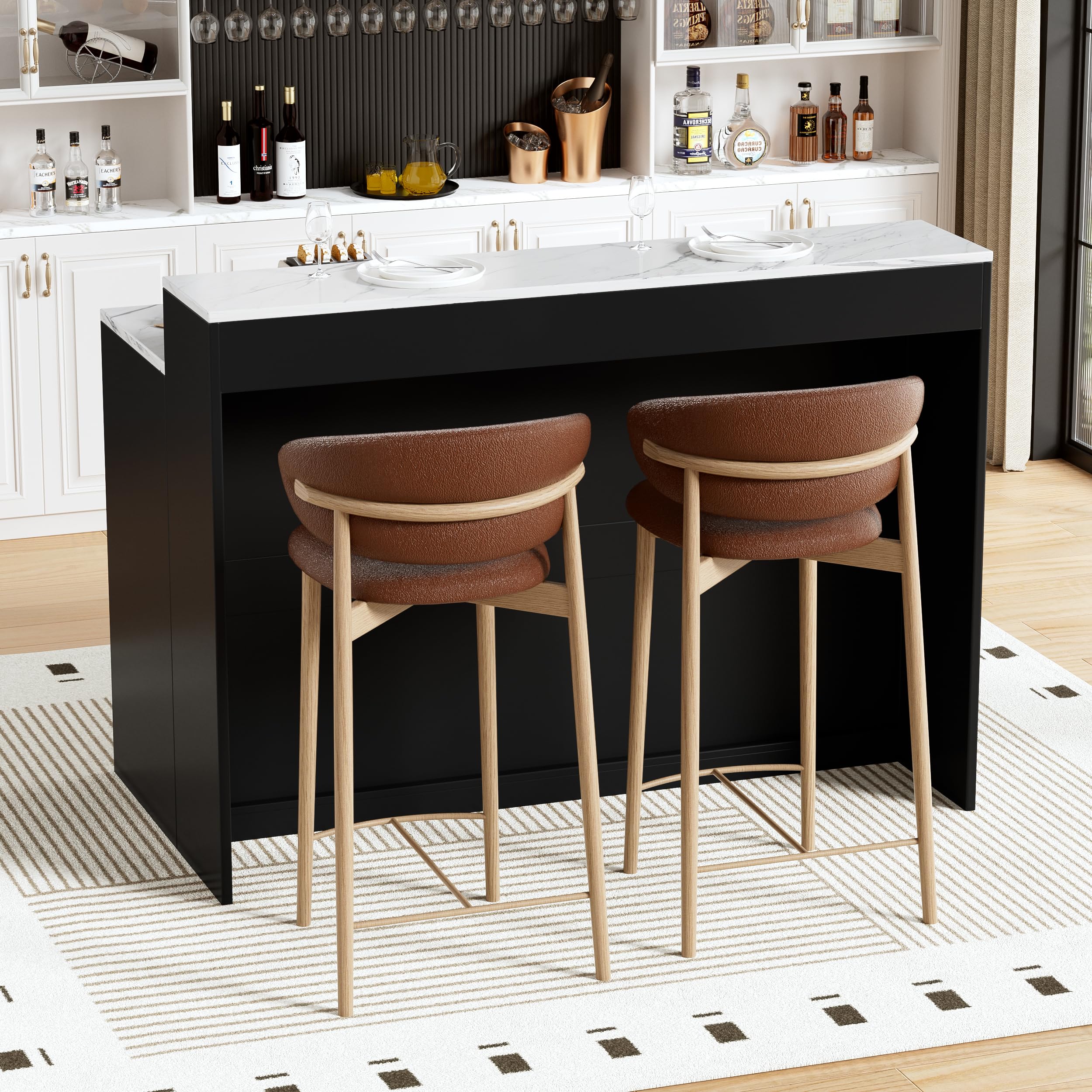 Îlot de Cuisine avec Plan de Travail et EU Prise, 2 en 1 Meuble de Rangement avec Tiroir, Placard, étagère ouverte et 6 Casier À Vin, Îlot Central Cuisine en Bois, Moderne Buffet Cuisine Rangement